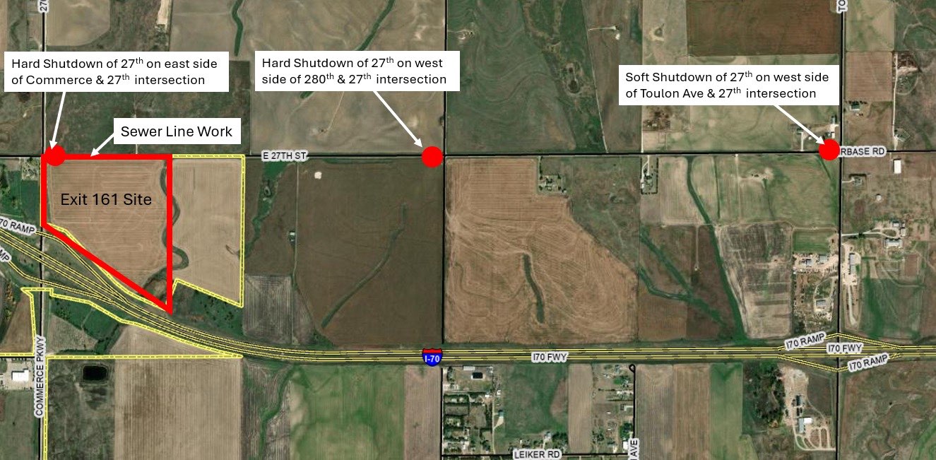 Map showing the exact areas that will be closed down due to underground utility installation. Photo courtesy from the city of Hays.&nbsp;