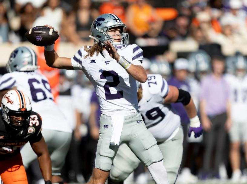 FILE - Kansas State quarterback Avery Johnson (2) passes the ball in the second half of an NCAA college football game against Oklahoma State, Nov. 15, 2025, in Stillwater, Okla.