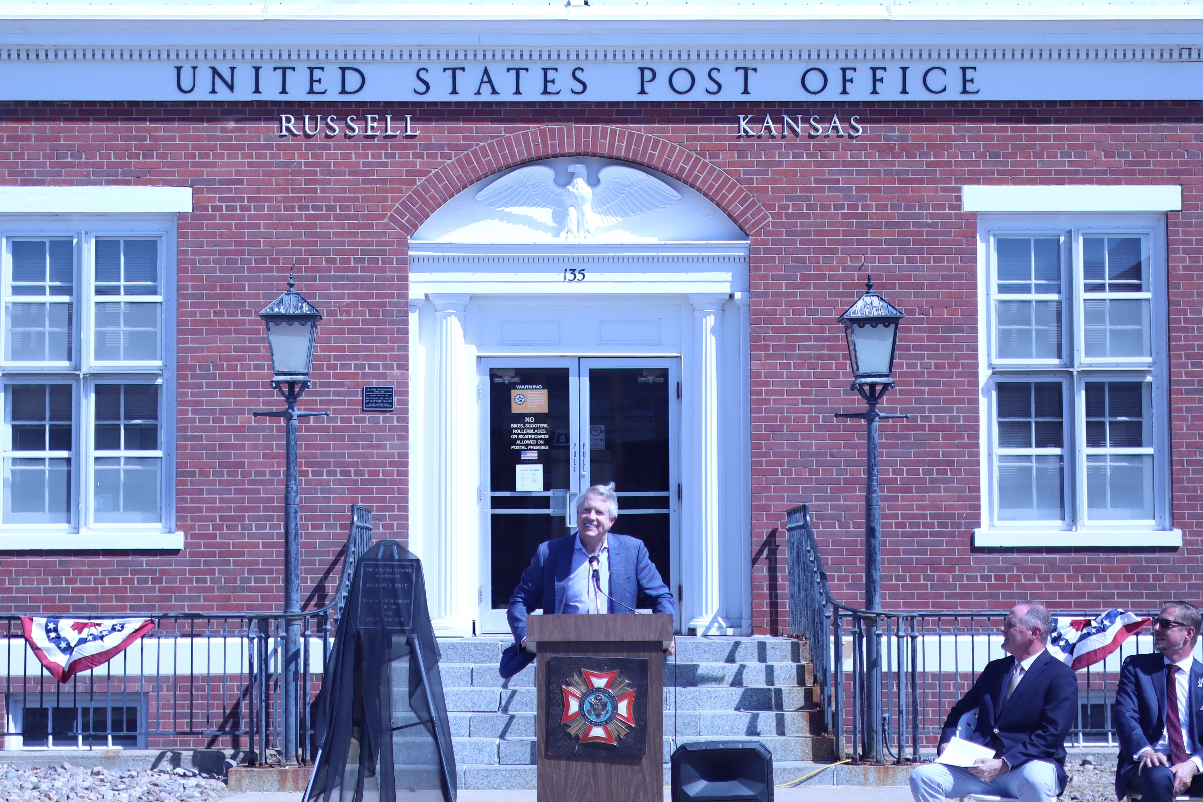 U.S. Sen. Roger Marshall speaks during the ceremony renaming the Russell Post Office in honor of former U.S. Sen. Bob Dole.<br>