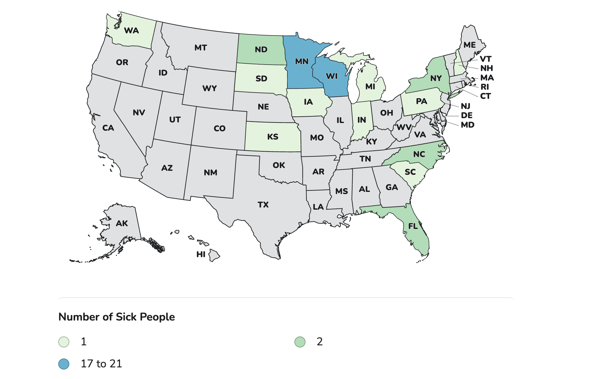 The map shows where the 55 people in this E. coli and Salmonella outbreak lived.&nbsp;This outbreak may not be limited to the states with known illnesses, and the true number of sick people is likely much higher than the number reported.&nbsp;This is because many people recover without medical care and are not tested for E. coli or Salmonella.