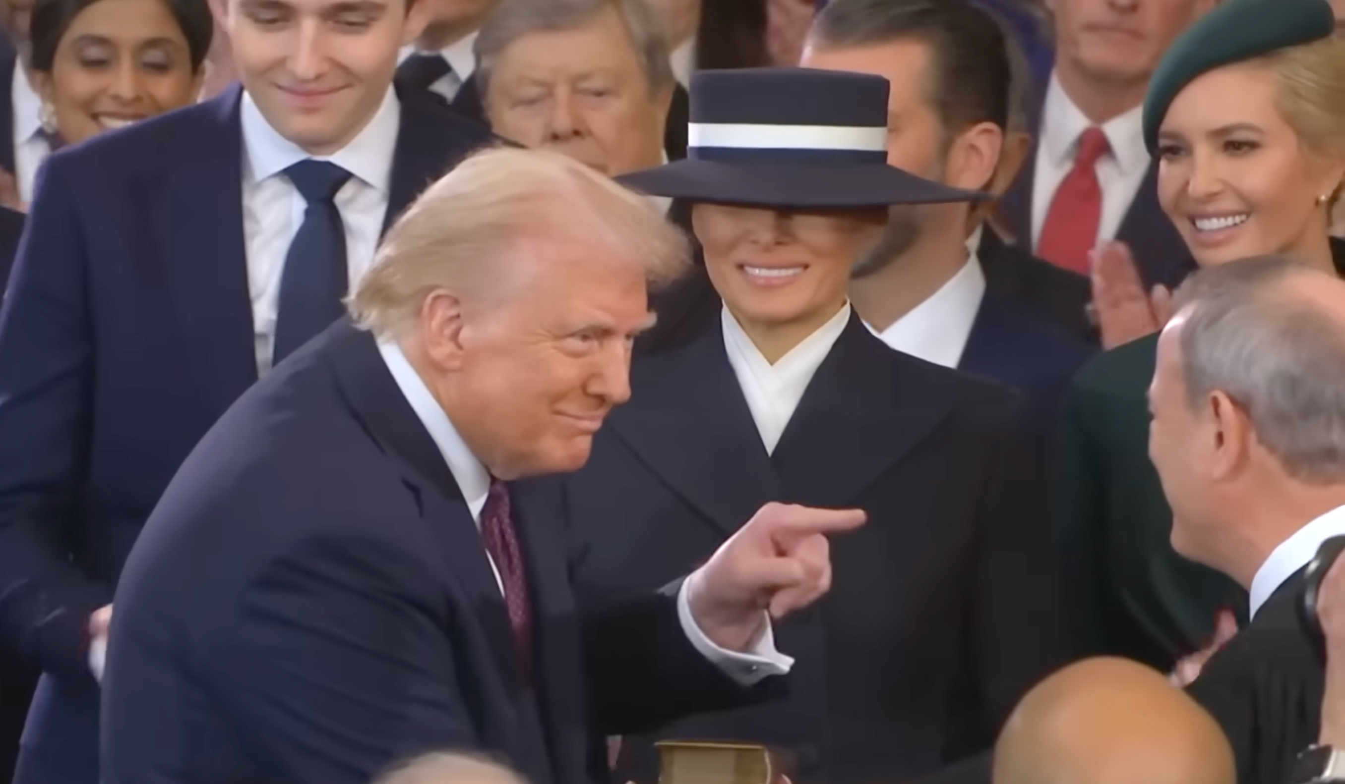 President Trump points toward Chief Justice John Roberts after his swearing in in March 2025. -image from White House video