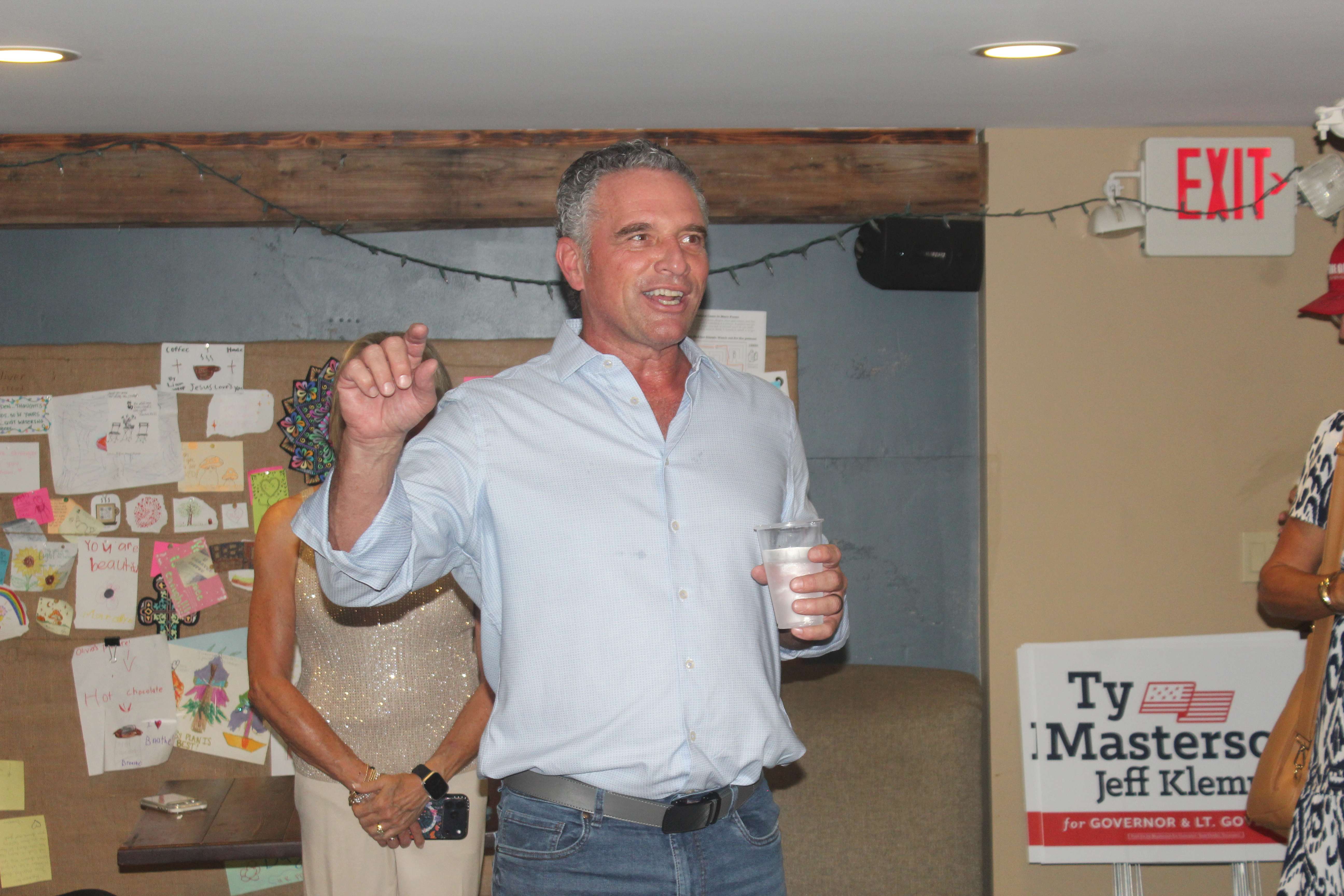 Republican gubernatorial candidate Ty Masterson speaks to a group of Hays residents Friday at Breathe Coffee House. Photo by Cristina Janney/Hays Post