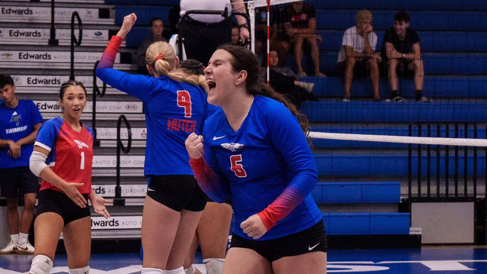 Blue Dragon setter Luisa Richa reacts to winning a point in a five-set battle against Iowa Western on Saturday at the Reiver Classic in Council Bluffs, IA. (Photo courtesy Travis Jacobsen/IWCC Sports Information)