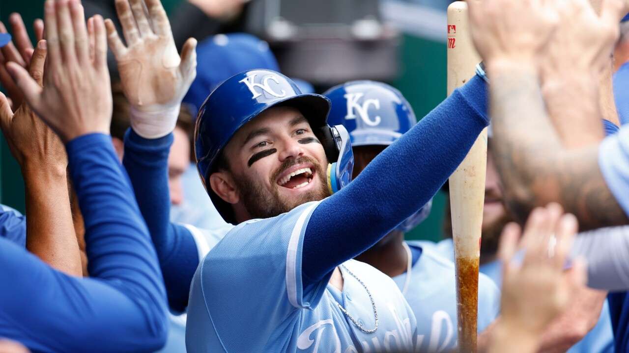Kansas City Royals' Nick Loftin celebrates in the dugout after his three-run home run during the second inning of a baseball game against the Detroit Tigers in Kansas City, Mo., Sunday, Aug. 23, 2026. (AP Photo/Colin E. Braley)