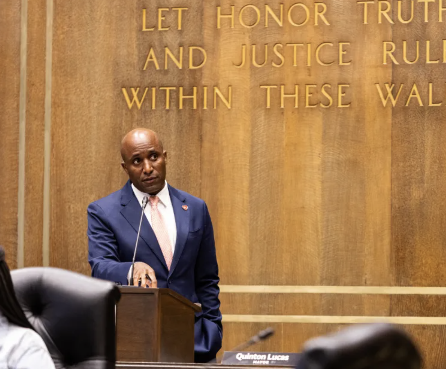 Mayor Quinton Lucas during the City Council debate over the new Royals stadium on Thursday. The council ended up voting 11-2 to approve the deal to finance the proposed ballpark (Vaughn Wheat/The Beacon).