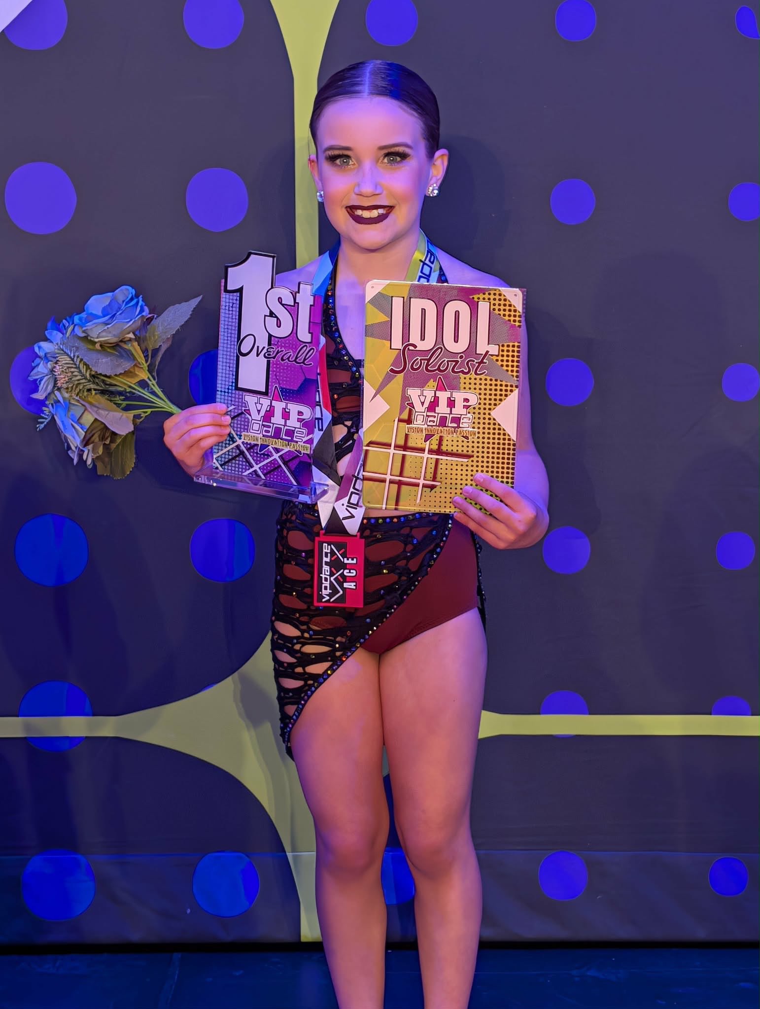 Kennedy receiving first at the Regional VIP Dance Competition along with Idol Soloist in Kansas City, Missouri. This is awarded to standout, high-scoring soloists, representing an elite selection of top-tier individual performers at each regional event. Courtesy photo from Courtney Bartling.<br>