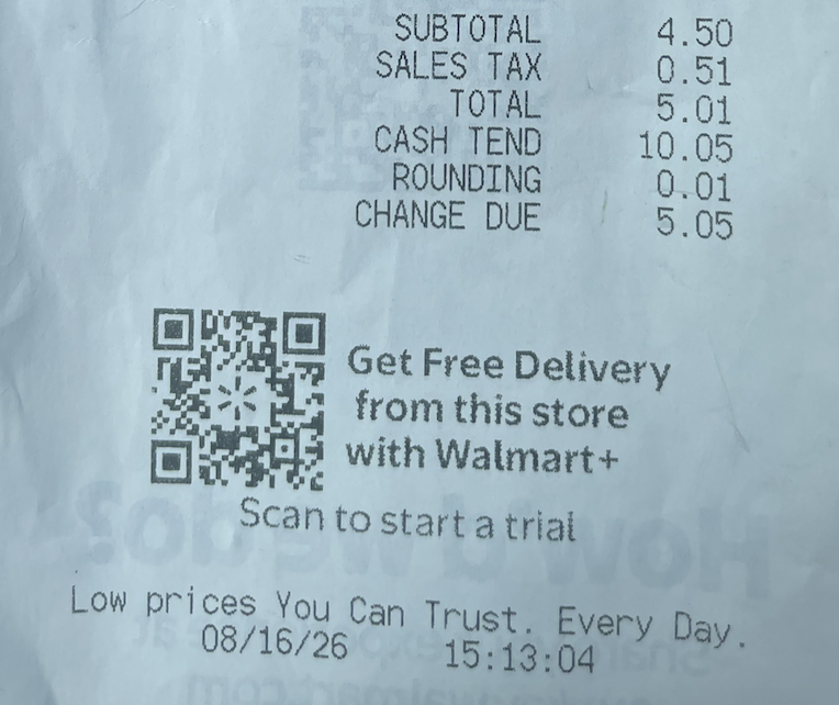 Hays Walmart receipt showing incorrect sales tax charged.