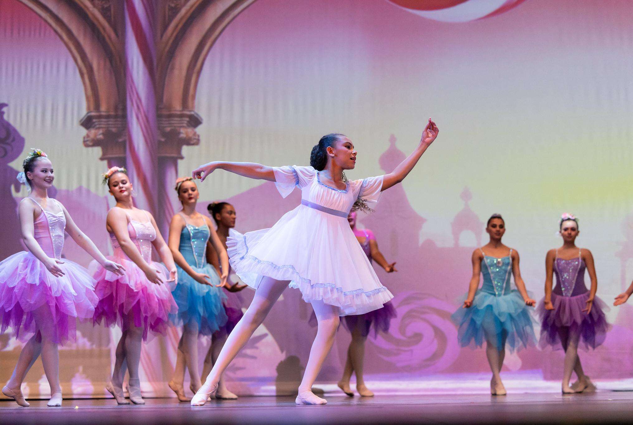 Amara Nwachukwu-Udaku of Larned dances in the role of Clara during the 2024 production of “The Nutcracker for the Golden Belt.” (photo by Joe Vinduska/BCC)