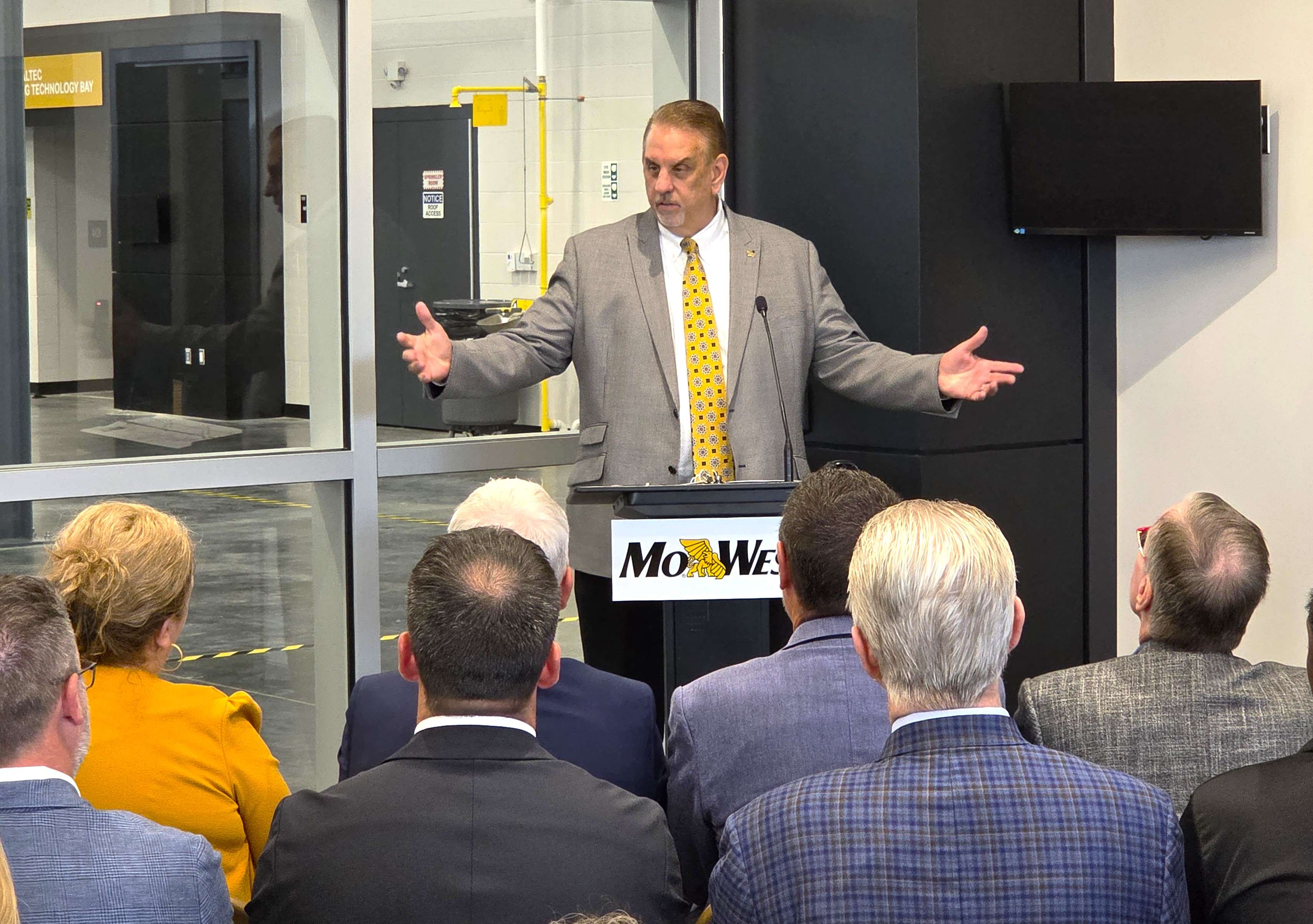 New Missouri Western State University President Lenny Klaver speaks to a crowd gathered at the Houlne Center for Convergent Technology on Wednesday/ Photo by Matt Pike