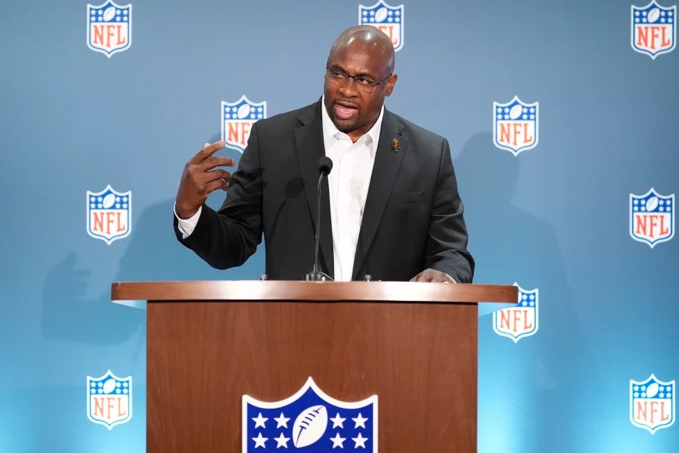 Troy Vincent speaks during a news conference at an NFL football owners meeting on Wednesday, Aug. 26, 2026, in Atlanta. (AP Photo/Brynn Anderson)