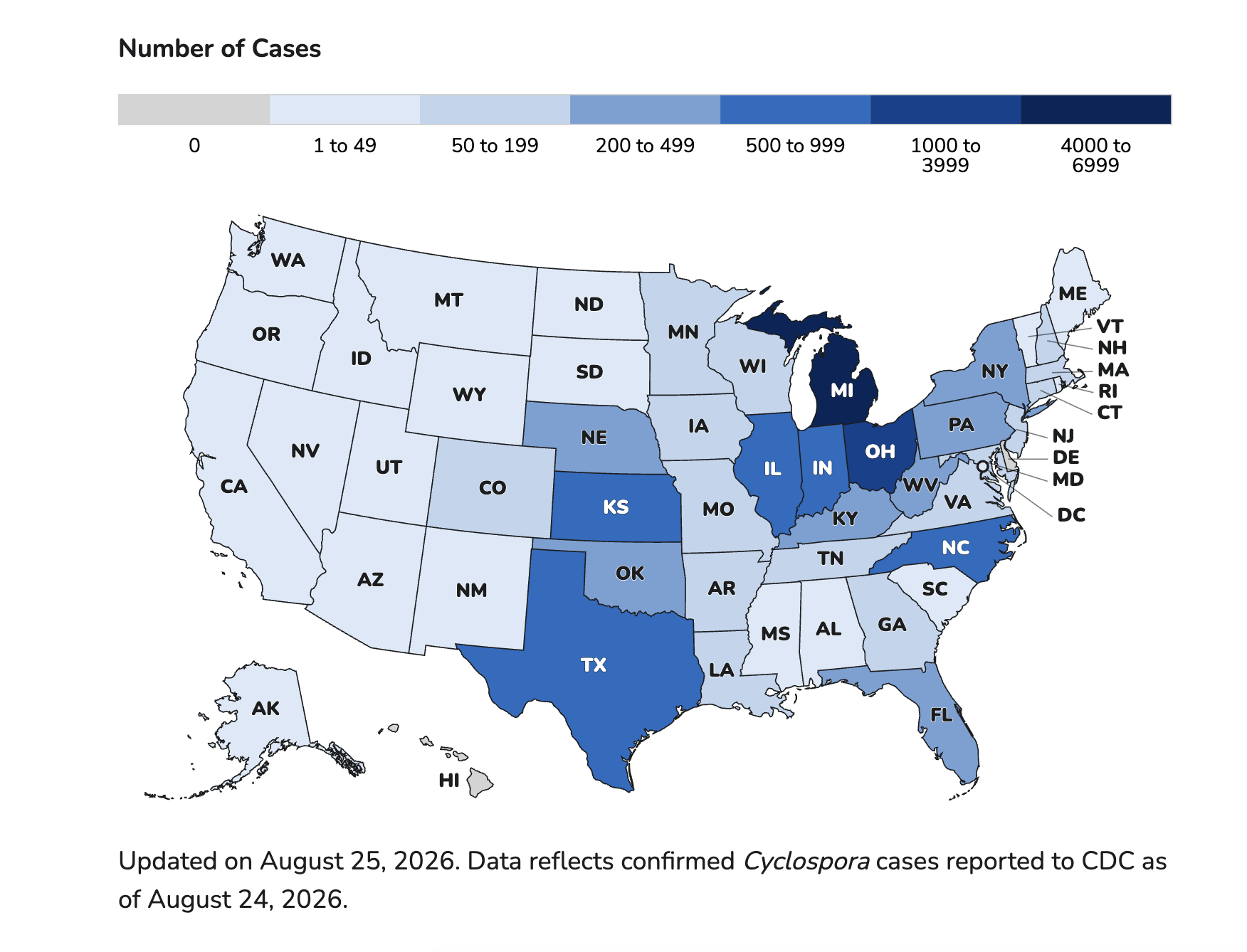 -Since May 1, 2026, 17,180 people have been reported with laboratory-confirmed cyclosporiasis acquired in the United States. The map shows where these people live. Potential Cyclospora infections are typically investigated by the state or local health department where people live, even if they were exposed to the parasite in another state. Cyclosporiasis cases may not be limited to the locations of known cases. The true number of people sick with cyclosporiasis is likely higher than the number reported. This is because some people recover without medical care and are not tested for Cyclospora.