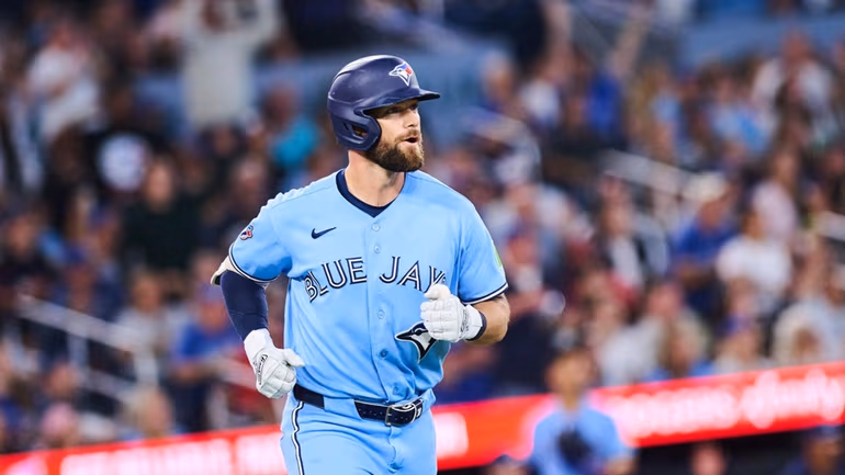 Toronto Blue Jays' Nathan Lukes reacts as he rounds the bases after hitting a three-run home run against the Kansas City Royals during the fourth inning of a baseball game in Toronto, Wednesday, Aug. 26, 2026. (Sammy Kogan/The Canadian Press via AP)