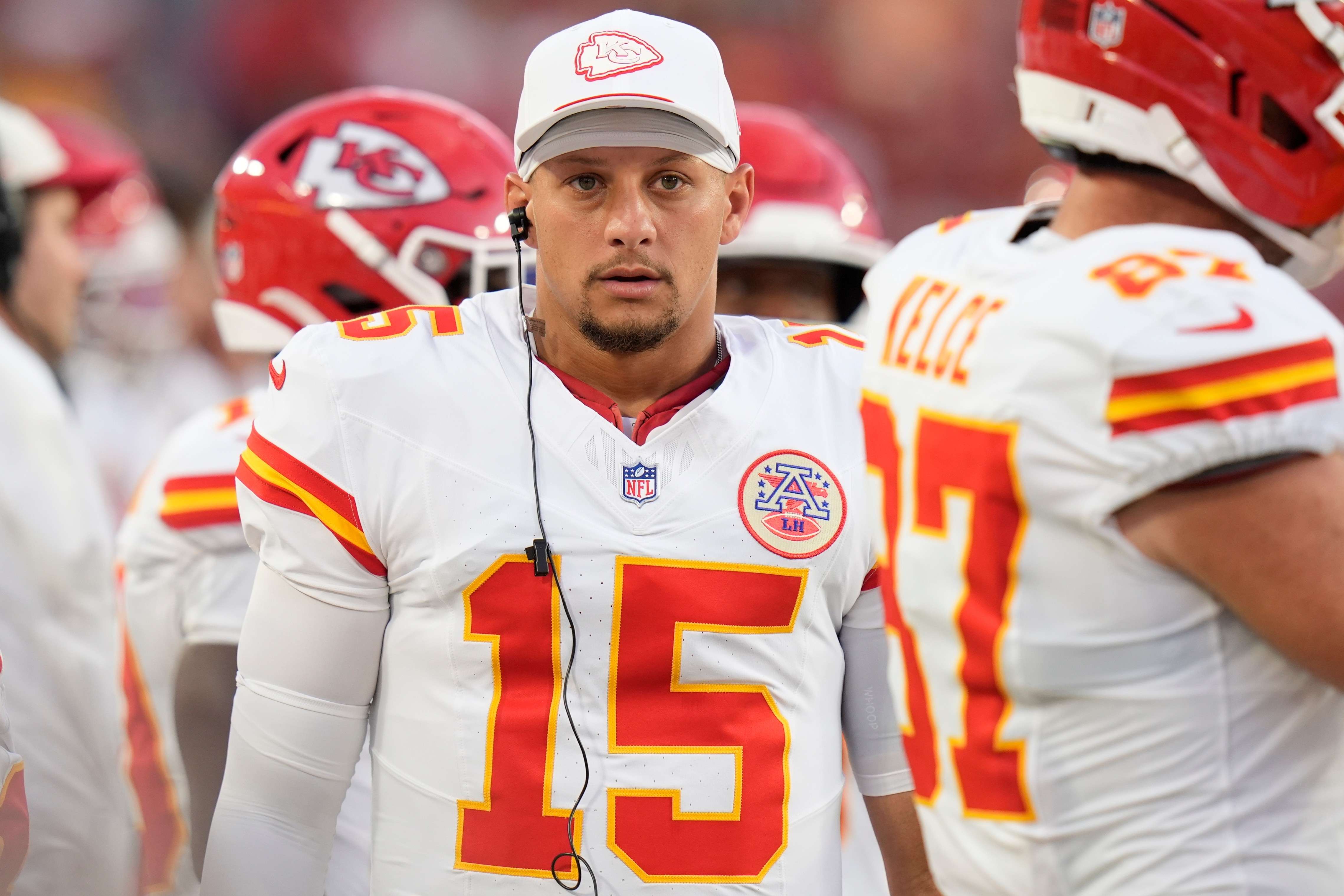 Kansas City Chiefs quarterback Patrick Mahomes (15) walks the sidelines during the first half an NFL football game against the Tampa Bay Buccaneers, Saturday, Aug. 22, 2026, in Tampa, Fla. (AP Photo/Chris O'Meara)