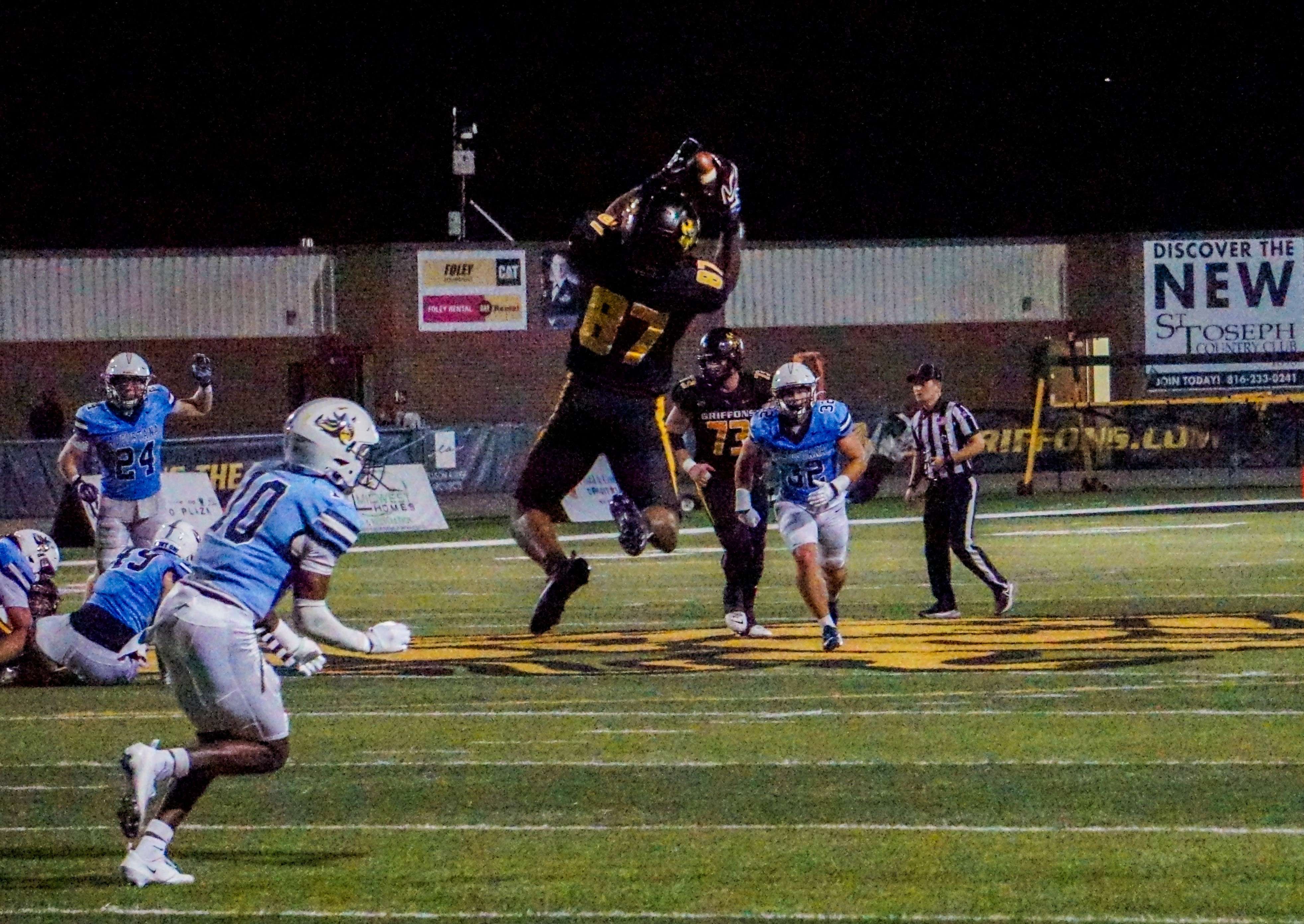 MoWest freshman wide receiver Emmanuel Ellison makes a leaping grab during Thursday's 63-58 season opening loss to Augustana/ Photo by Matt Pike