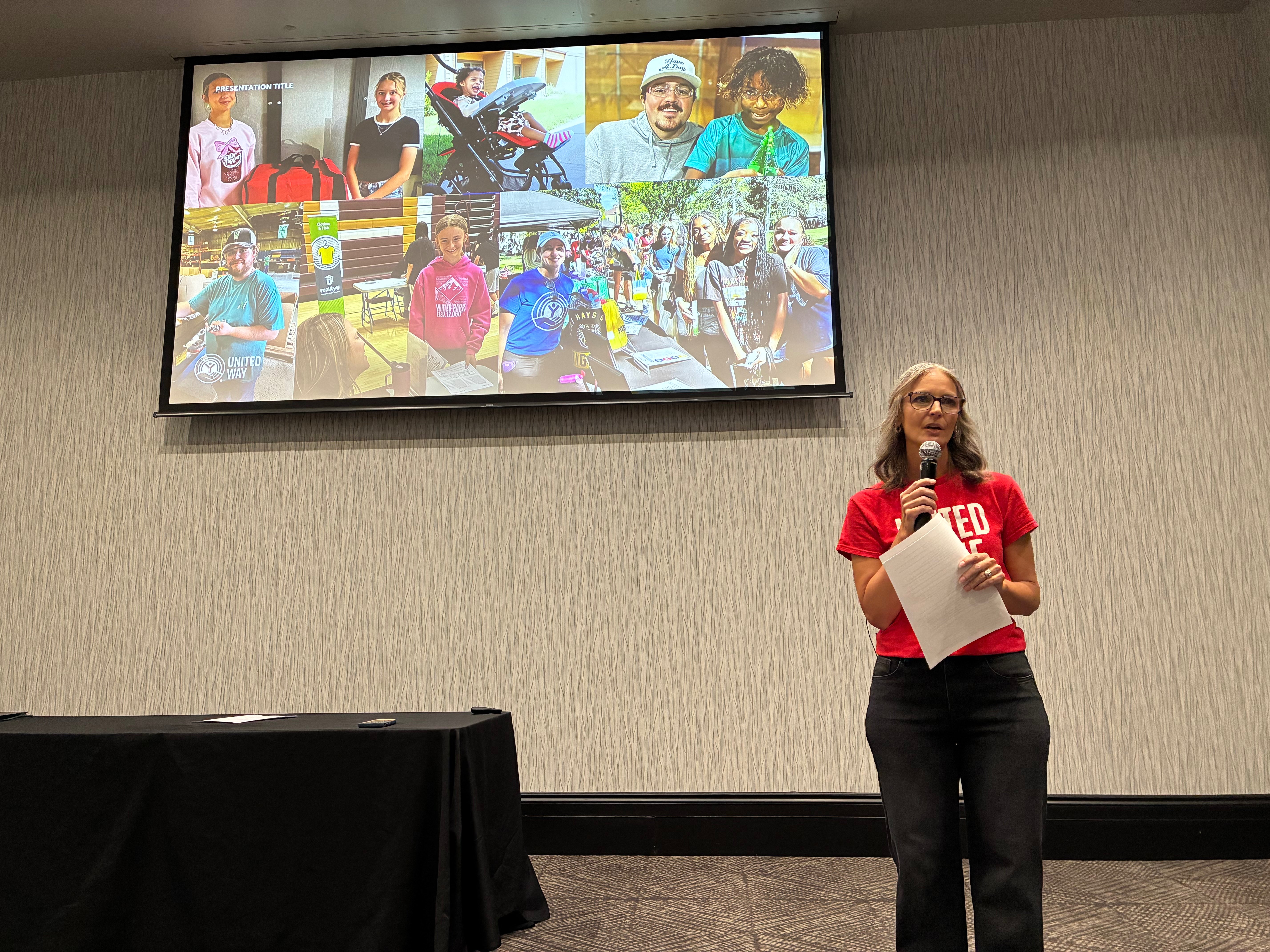 Janelle VanKooten, United Way of Ellis County executive director, speaks about the organization’s latest campaign and growing community needs during the United Way Kickoff Lunch on Friday in Hays. Photo by Alin Hett/Hays Post<br>