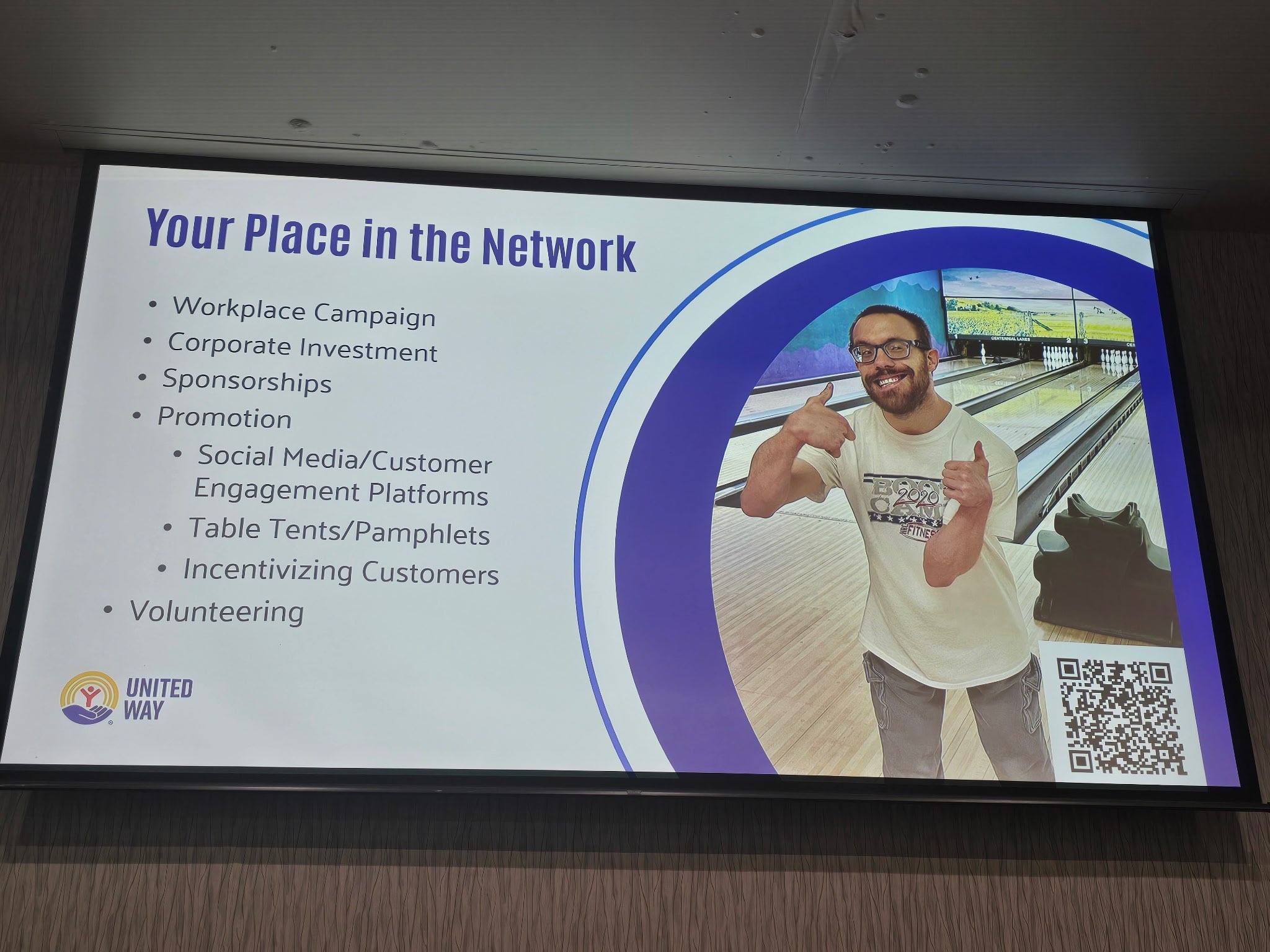 A presentation slide shows ways community members can support the United Way of Ellis County during the organization’s Kickoff Lunch on Friday in Hays. Photo courtesy of Sarah Wasinger&nbsp;<br>