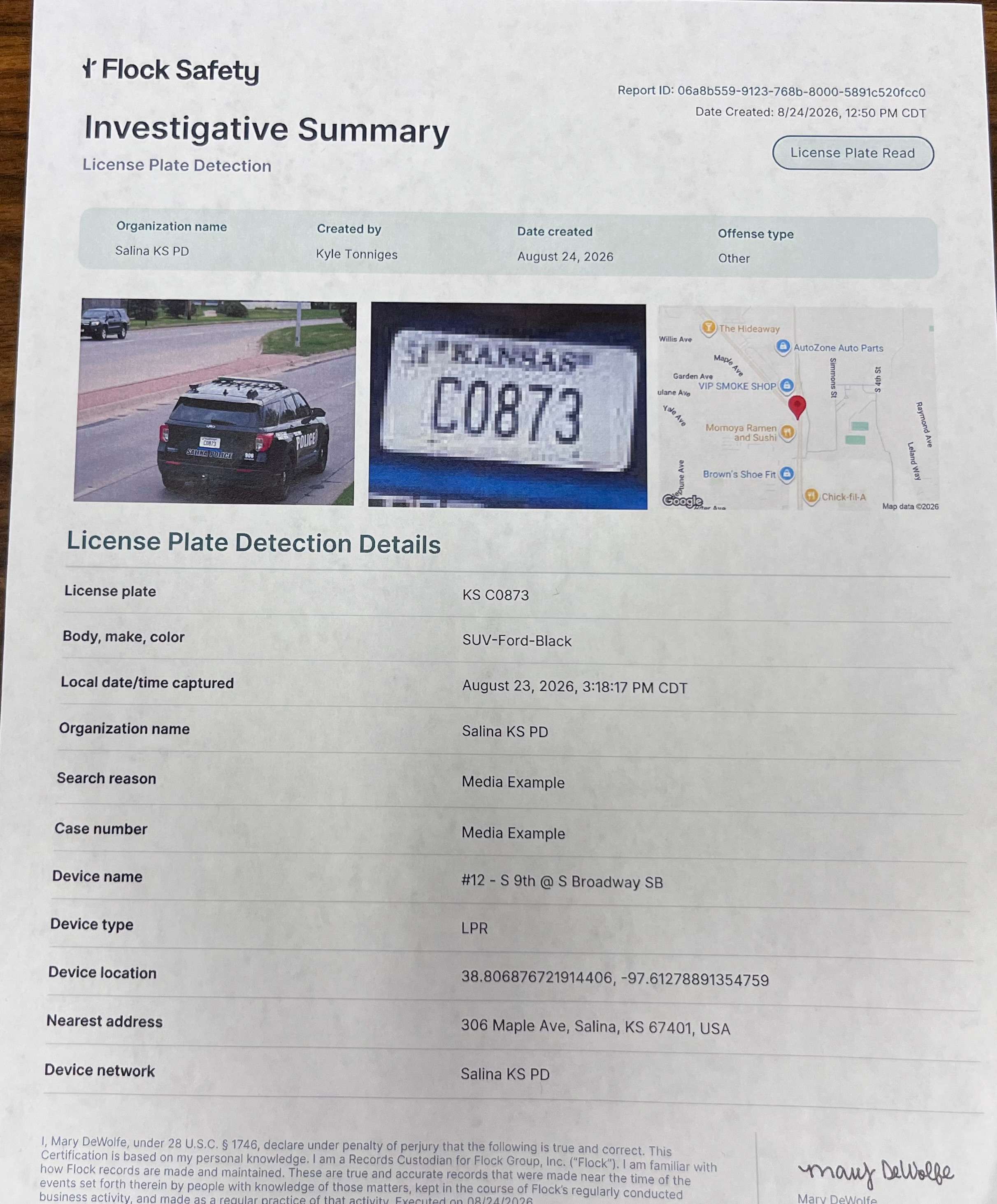 Example of information picked up by an ALPR provided by the Salina Police Department - Photo, Nicolas Fierro