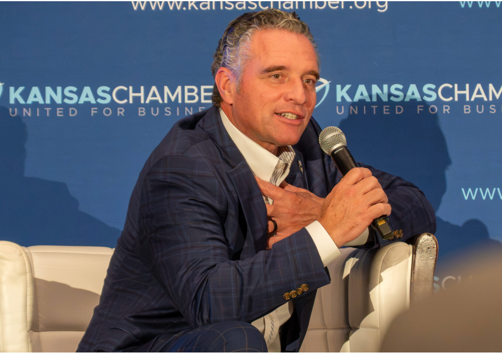 Senate President Ty Masterson spoke to the Kansas Chamber Aug. 27,2026, in Olathe about his vision for Kansas should he win the upcoming gubenatorial election. (Photo by Anna Kaminski/Kansas Reflector)