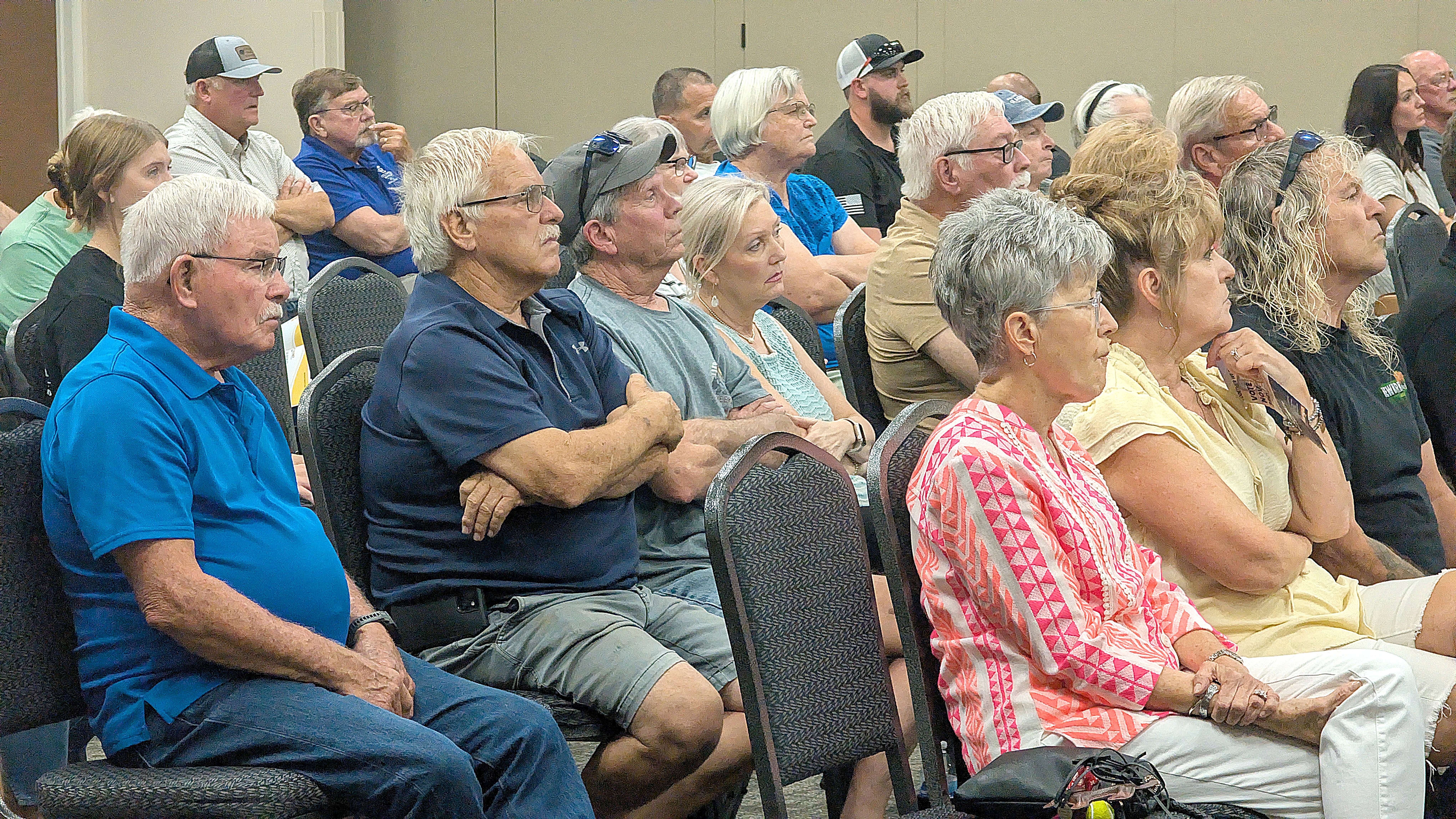A crowd of attendees at the City of Great Bend’s tax proposal townhall meeting Tuesday night at the Great Bend Events Center listens as city officials explain their plan. (photo by Dale Hogg)