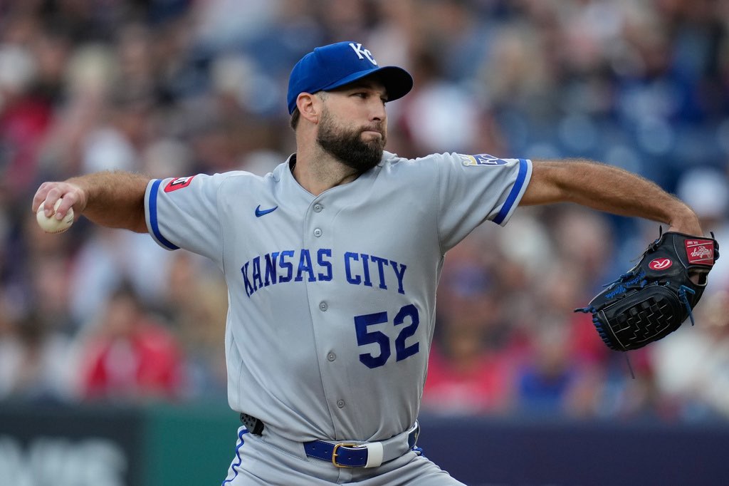 Kansas City Royals' Michael Wacha (52) pitches in the first inning of a baseball game against the Cleveland Guardians in Cleveland, Friday, Aug. 28, 2026. (AP Photo/Sue Ogrocki)