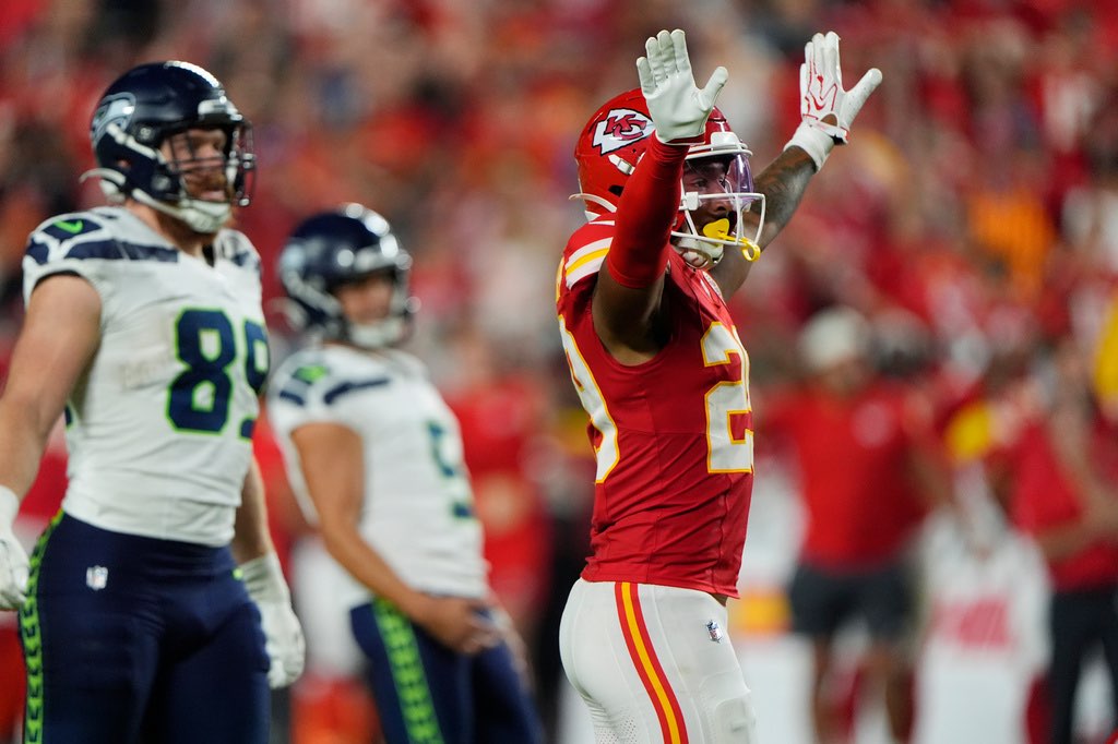 Kansas City Chiefs safety Xavier Nwankpa, right, celebrates a missed field goal by Seattle Seahawks place kicker Jason Myers (5) as Seahawks tight end Nick Kallerup (89) looks on during the second half of a preseason NFL football game, Friday, Aug. 28, 2026, in Kansas City, Mo. (AP Photo/Charlie Riedel)