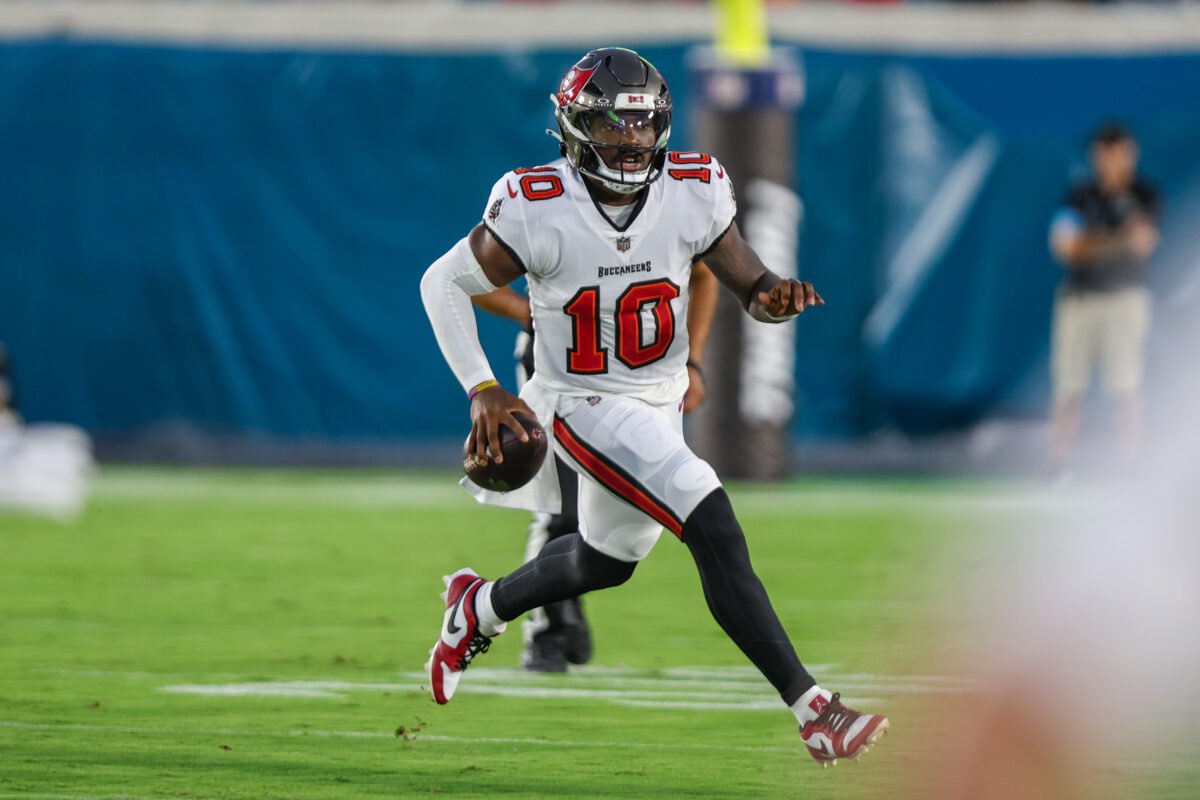 Tampa Bay Buccaneers quarterback Jalon Daniels (10) scrambles during an NFL preseason football game against the Jacksonville Jaguars in Jacksonville, Fla., Friday, Aug. 28, 2026. (AP Photo/Gary McCullough)