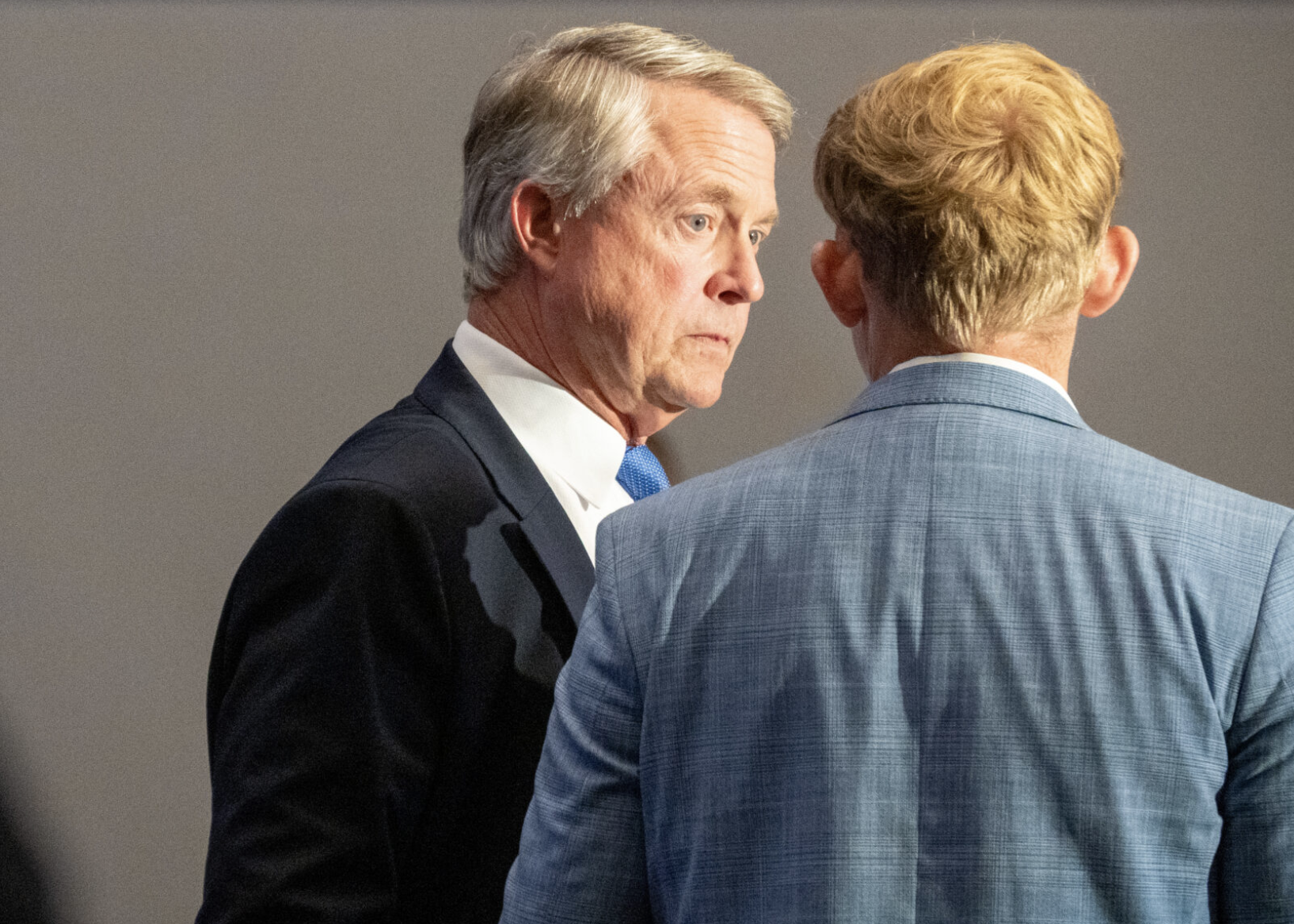 U.S. Sen. Roger Marshall prepares to speak to a group of Kansas business leaders on Aug. 27, 2026, in Olathe. (Photo by Anna Kaminski/Kansas Reflector)