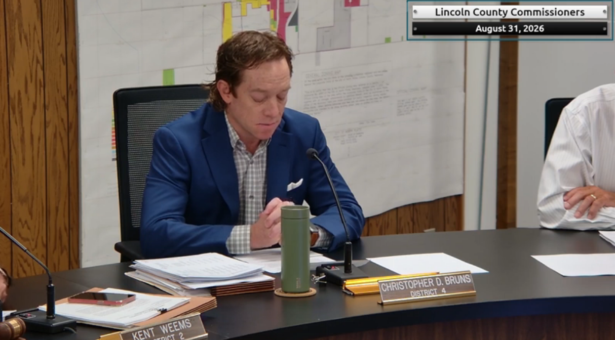 Lincoln County Commissioner Christopher Bruns speaks during the Aug. 31, 2026, Lincoln County Commissioners meeting, where he addressed his recent DUI arrest and allegations involving county jail staff.