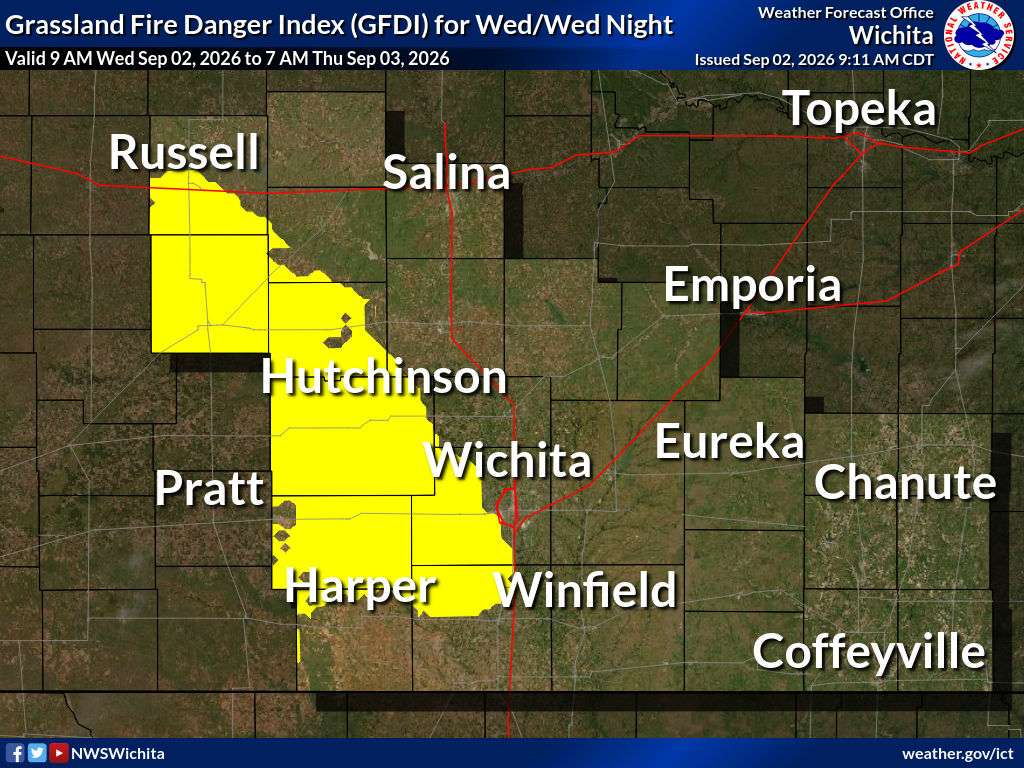 Grassland fire danger index. Yellow shading indicates high grassland fire index. Index is valid through 7 a.m. Thursday. (Courtesy National Weather Service - Wichita, Kan.)