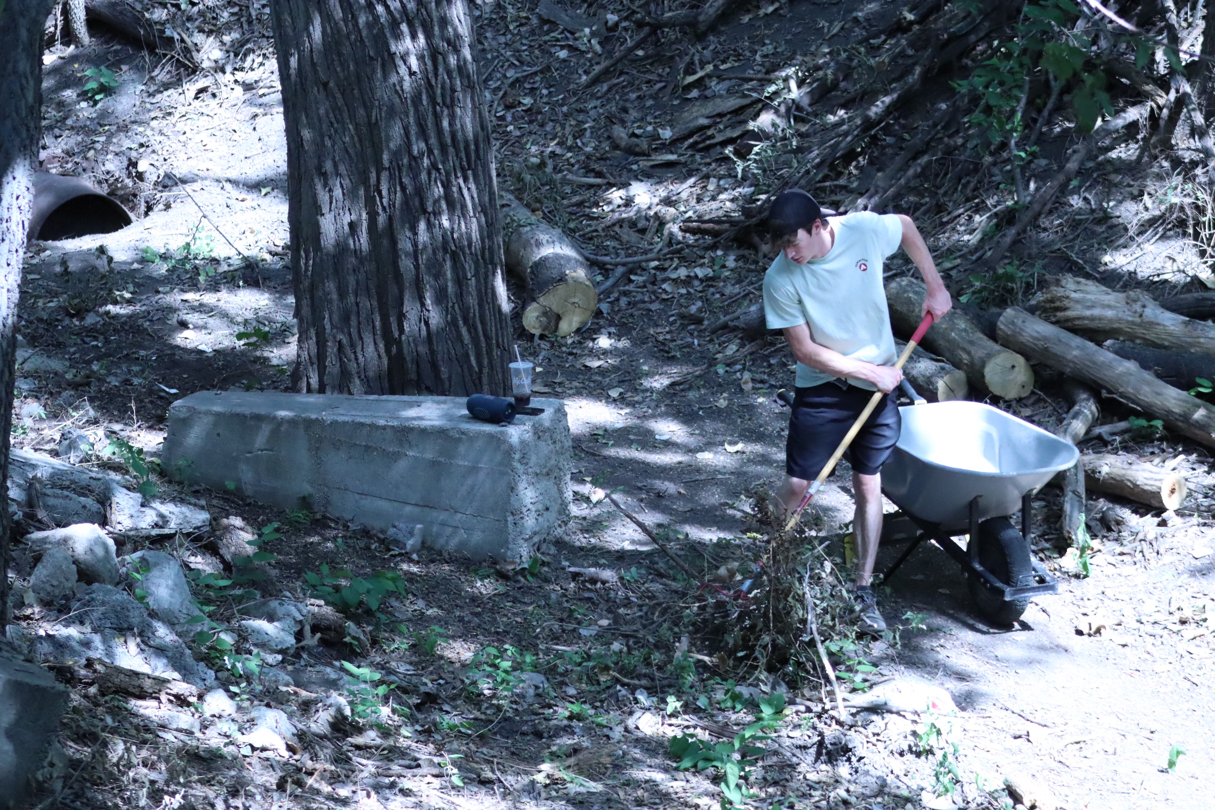 Evan Tschanz raking up debris from trees that have been taken out. 