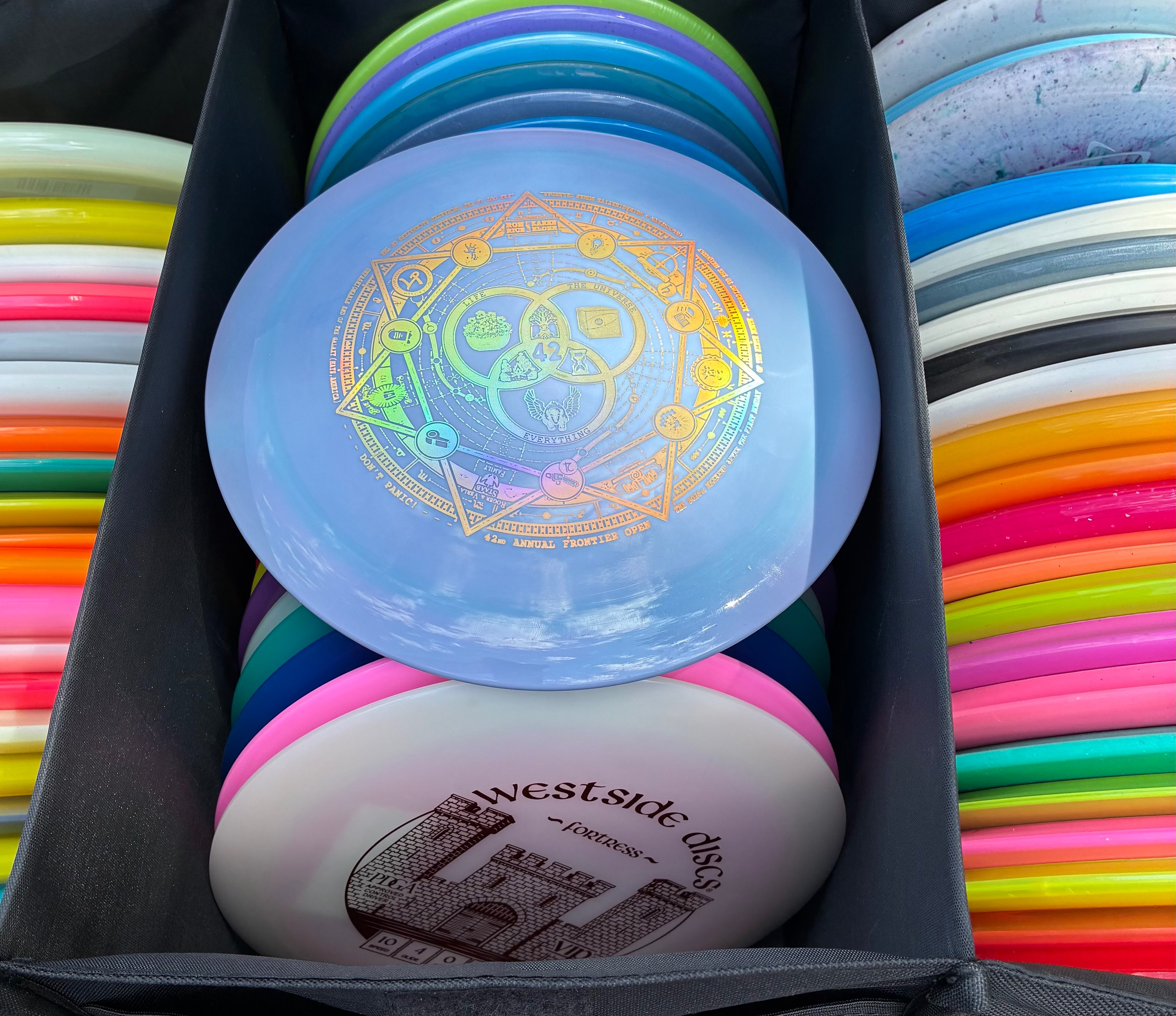 The new logo of the Bison Disc Golf course printed on a flying disc. 