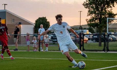 Fort Hays State defender Cayetano Simon Diaz (4) moves the ball in an NCAA soccer match against William Jewell on Wednesday, September 2, 2026 in Hays, Kan. (FHSU Athletics photo)