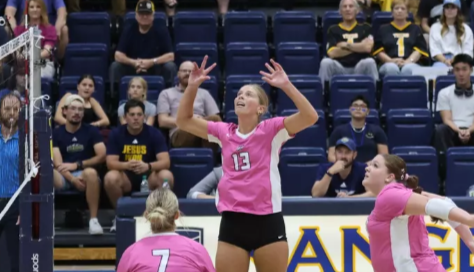 Fort Hays State freshman setter Sophie Sander (13) attempts a pass in an NCAA volleyball match against Regis on Wednesday, September 2, 2026 in Denver, Colo. (FHSU Athletics photo)