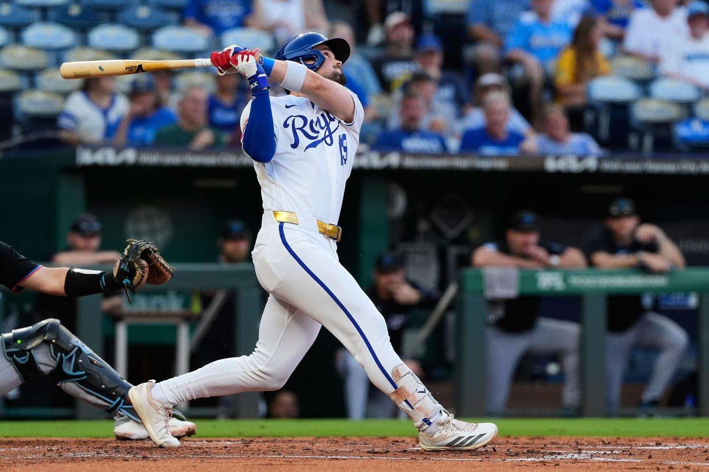 Kansas City Royals' Michael Massey watches his RBI double during the first inning of a baseball game against the Miami Marlins, Wednesday, Sept. 2, 2026, in Kansas City, Mo. (AP Photo/Charlie Riedel)