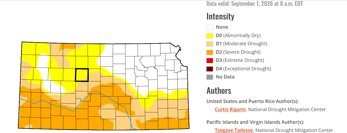 Kansas Drought Map for Sept. 1, 2026 from the U.S. Drought Monitor.
