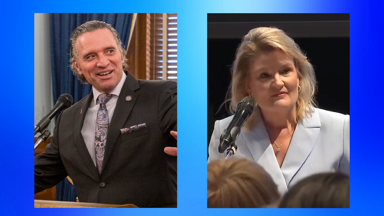 Ty Masterson (L) and Cindy Holscher will meet in the gubernatorial debate at 10:30 a.m. on Sept. 12 at the Kansas State Fair. (Masterson photo courtesy Kansas Reflector)