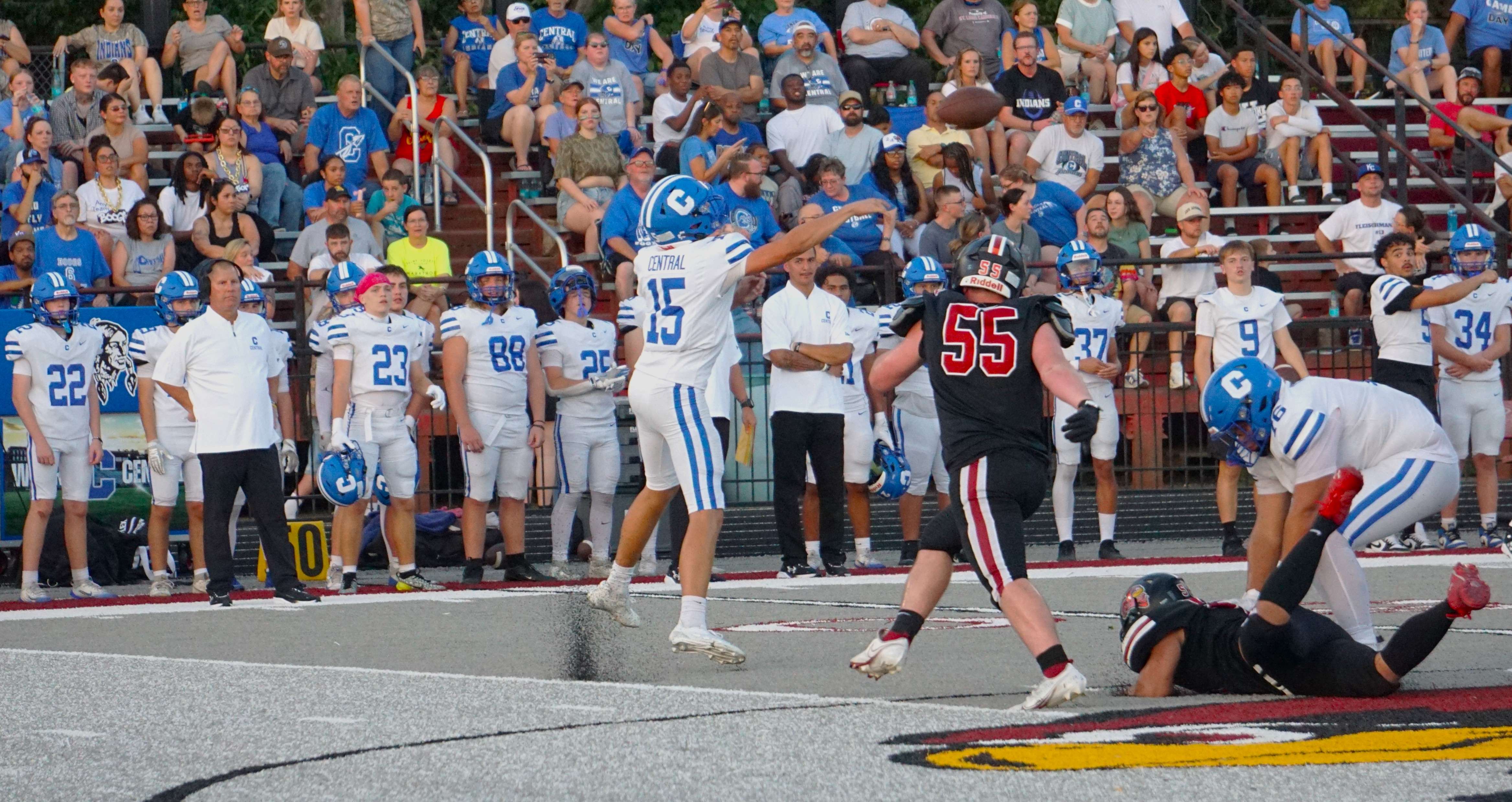 Central quarterback Hank Judah (15) throws a jump pass/ Photo by Matt Pike