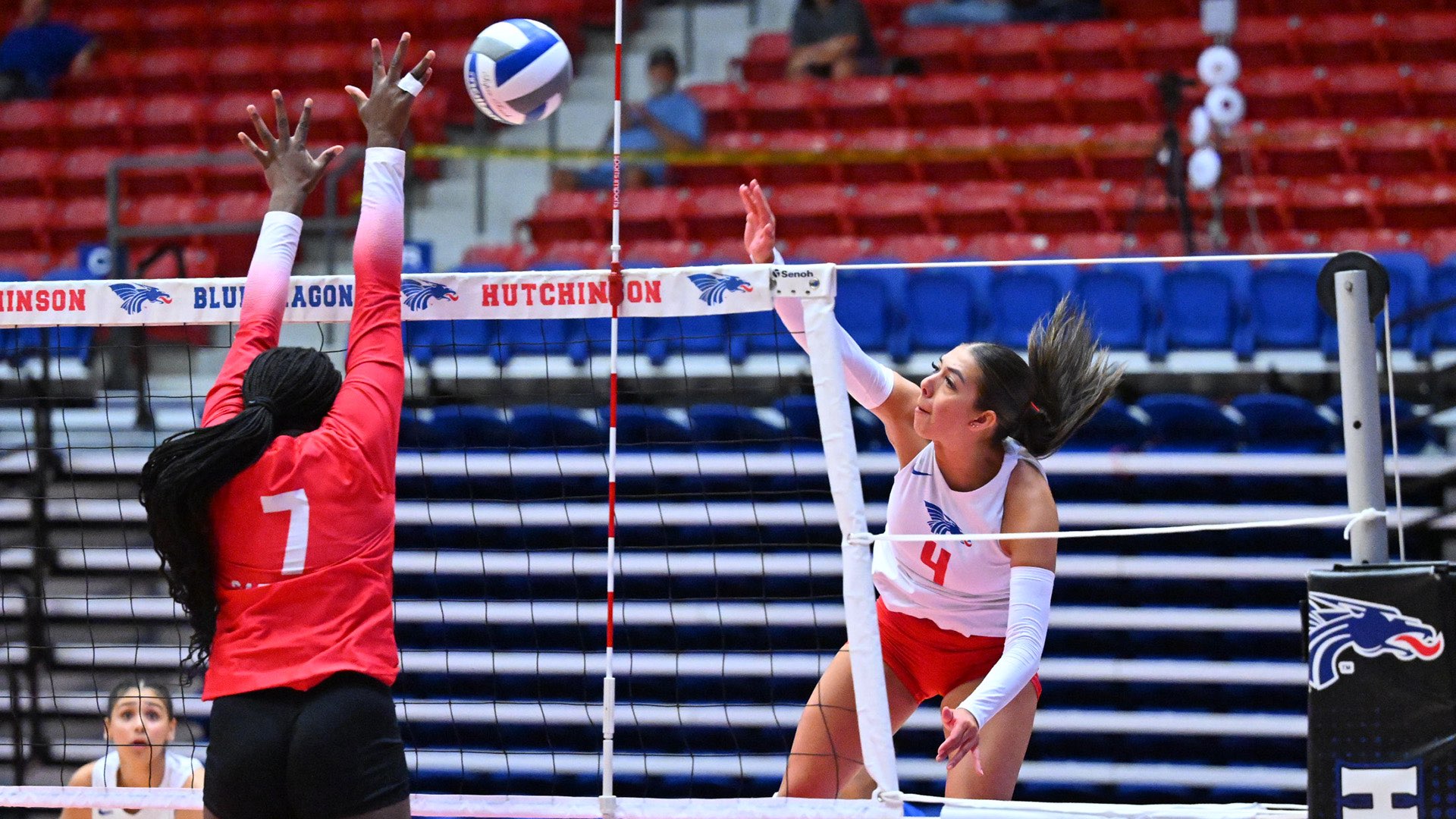 Sophomore Lauren Vasquez had a team-high seven kills as No. 8 Trinity Valley swept the Blue Dragons on Friday in the Blue Dragon Volleyball Classic at the Sports Arena. (Andrew Carpenter/Digital Fox Photography)