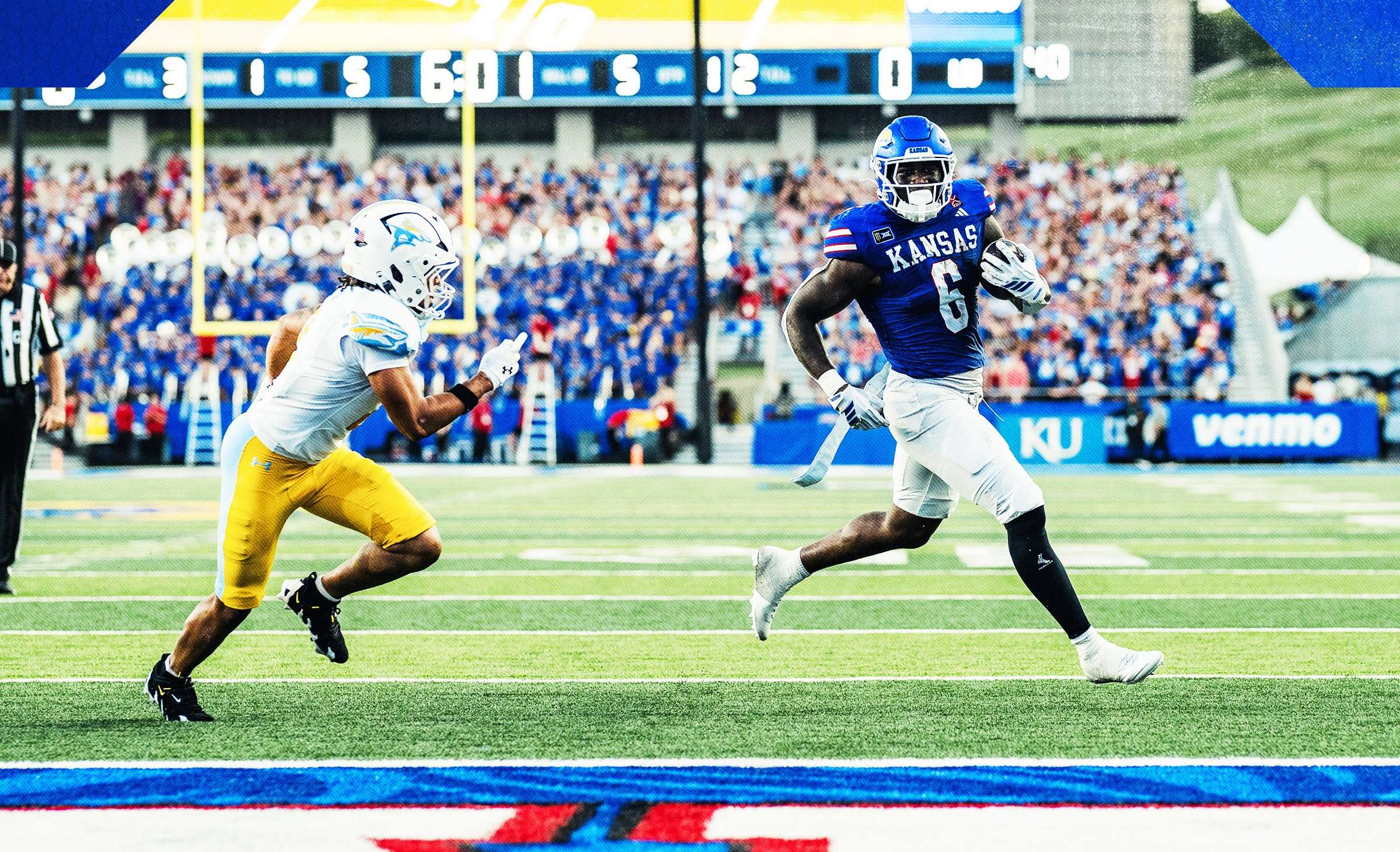 Kansas running back Yasin Willis rushed 11 times for 72 yards with two touchdowns as the Jayhawks beat Long Island 51-6 after a slow start/ Photo courtesy of Kansas Football on X