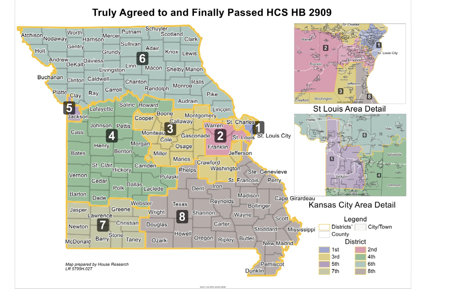 The Missouri congressional district map passed by lawmakers in 2022 and used for the 2022 and 2024 elections. The Missouri Supreme Court ordered this map to be used for the Nov. 3 election (Missouri Secretary of State’s Office).