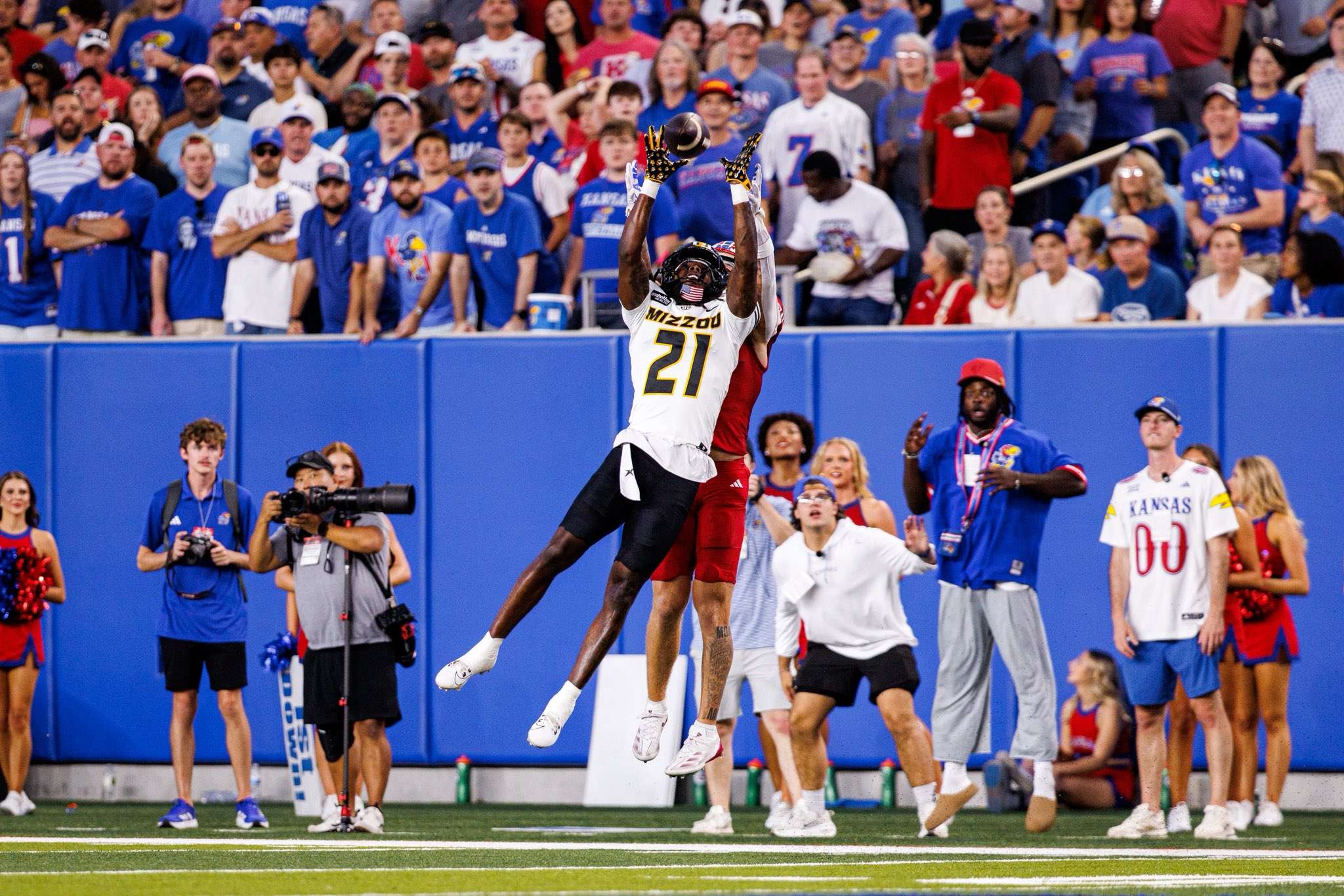 Cornerback&nbsp;Jahlil Florence intercepts a pass from Kansas quarterback&nbsp;Isaiah Marshall/ Photo courtesy of Mizzou Football