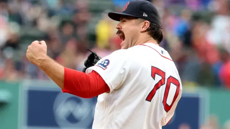 Boston Red Sox pitcher Payton Tolle reacts after striking out a third batter back-to-back during the first inning of a baseball game against the Kansas City Royals, Sunday, Sept. 13, 2026, in Boston. (AP Photo/Mark Stockwell)