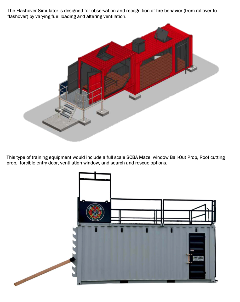 Artist rendering of the flashover simulator and the bailout/roof cutting training equipment. Courtesy image