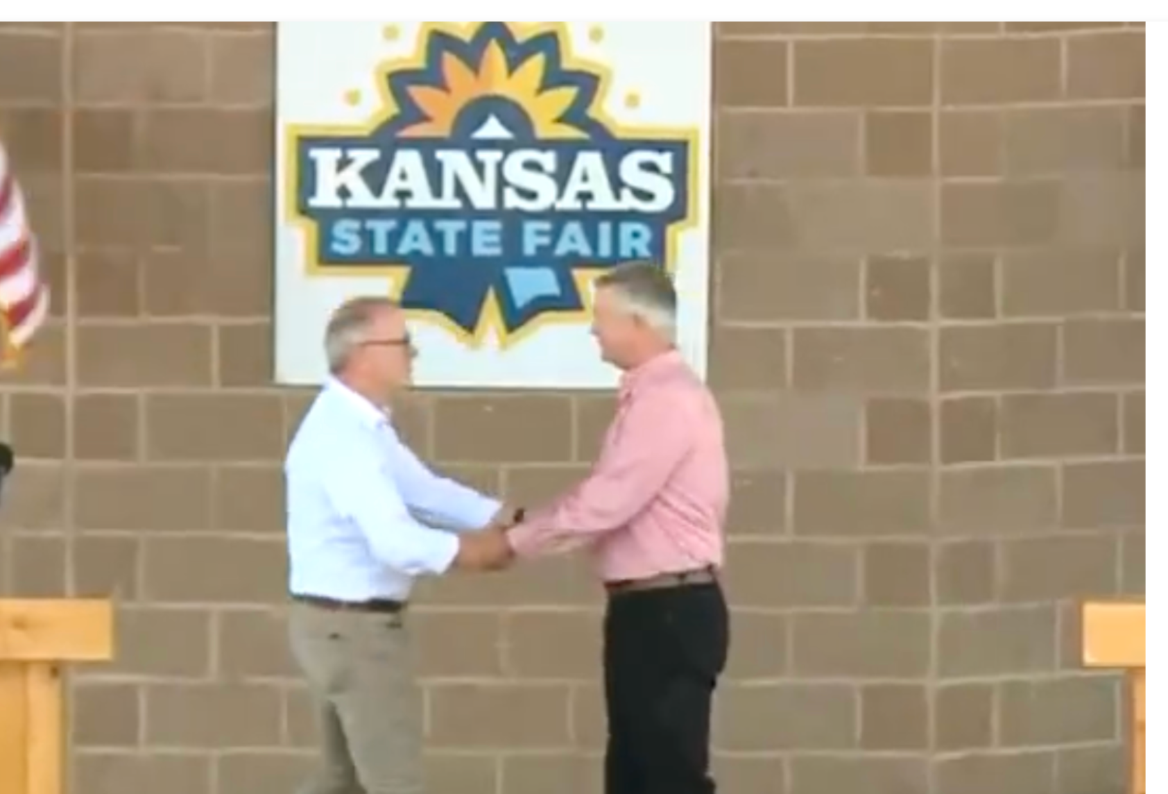Democrat Adam Hamilton and Senator Roger Marshll just before the debate at the Kansas State Fair, Sept. 12. -image courtesy KWCH