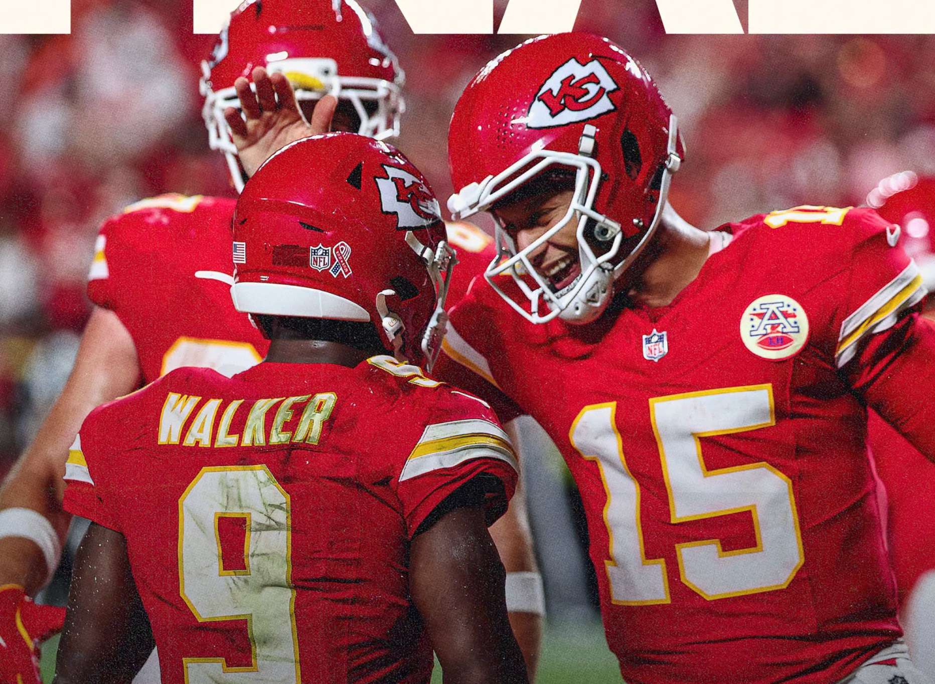 Kansas City Chiefs quarterback Patrick Mahomes (15) celebrates with running back Kenneth Walker III (9) during their season opener vs. the Denver Broncos on Monday, September 14, 2026 in Kansas City, Mo. (Kansas City Chiefs photo)