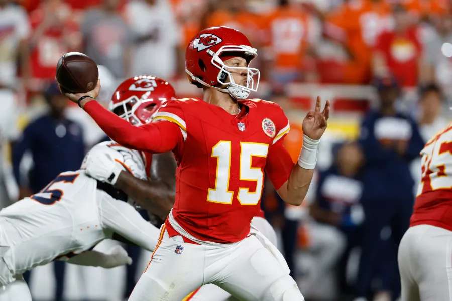 Kansas City Chiefs quarterback Patrick Mahomes throws a pass against the Denver Broncos during the first half of an NFL football game Monday, Sept. 14, 2026, in Kansas City, Mo. (AP Photo/Colin E. Braley)