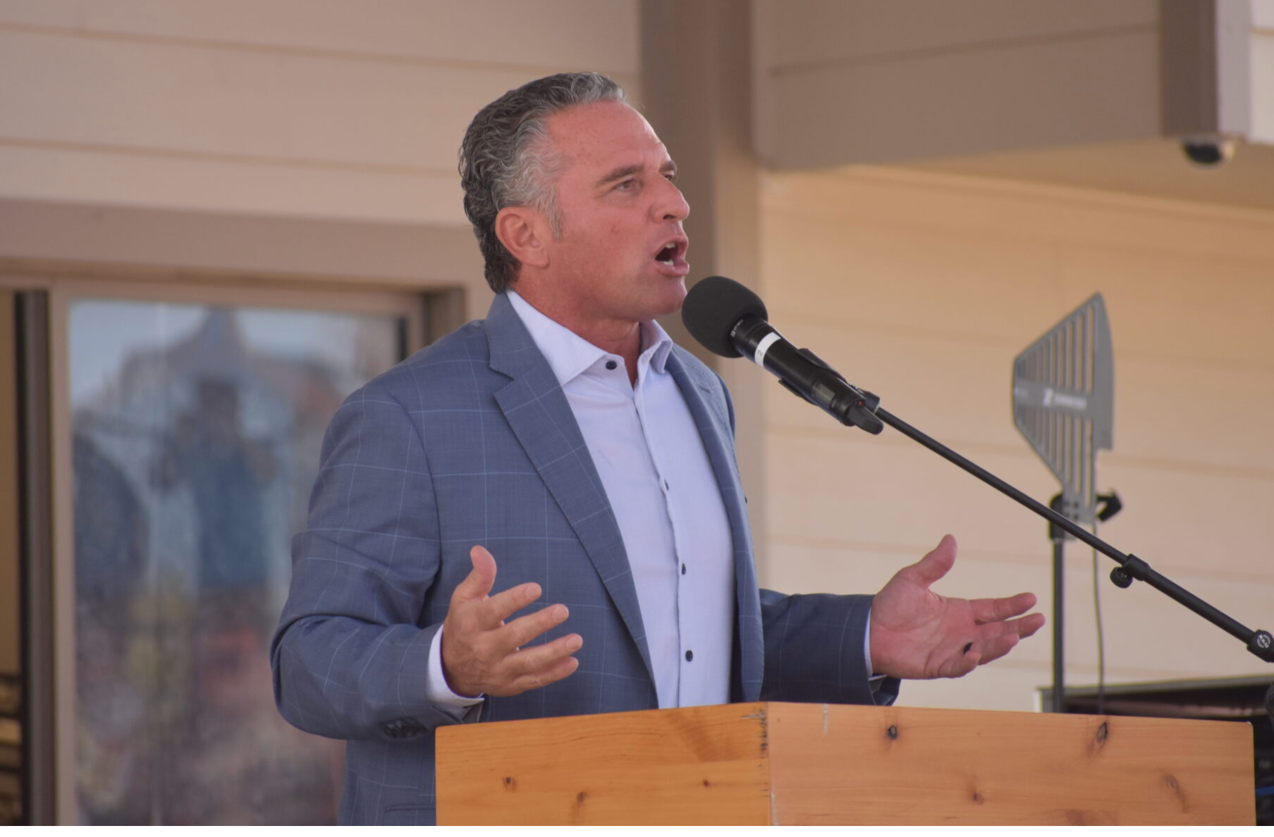 Senate President Ty Masterson, the Republican Party’s nominee for governor, says on the Kansas Reflector podcast that he’s eager to transform the state into a place that generations of Kansans find fulfilling. In this image from Sept. 12, 2026, Masterson speaks at the Kansas State Fair. (Photo by Jill Hummels for Kansas Reflector)