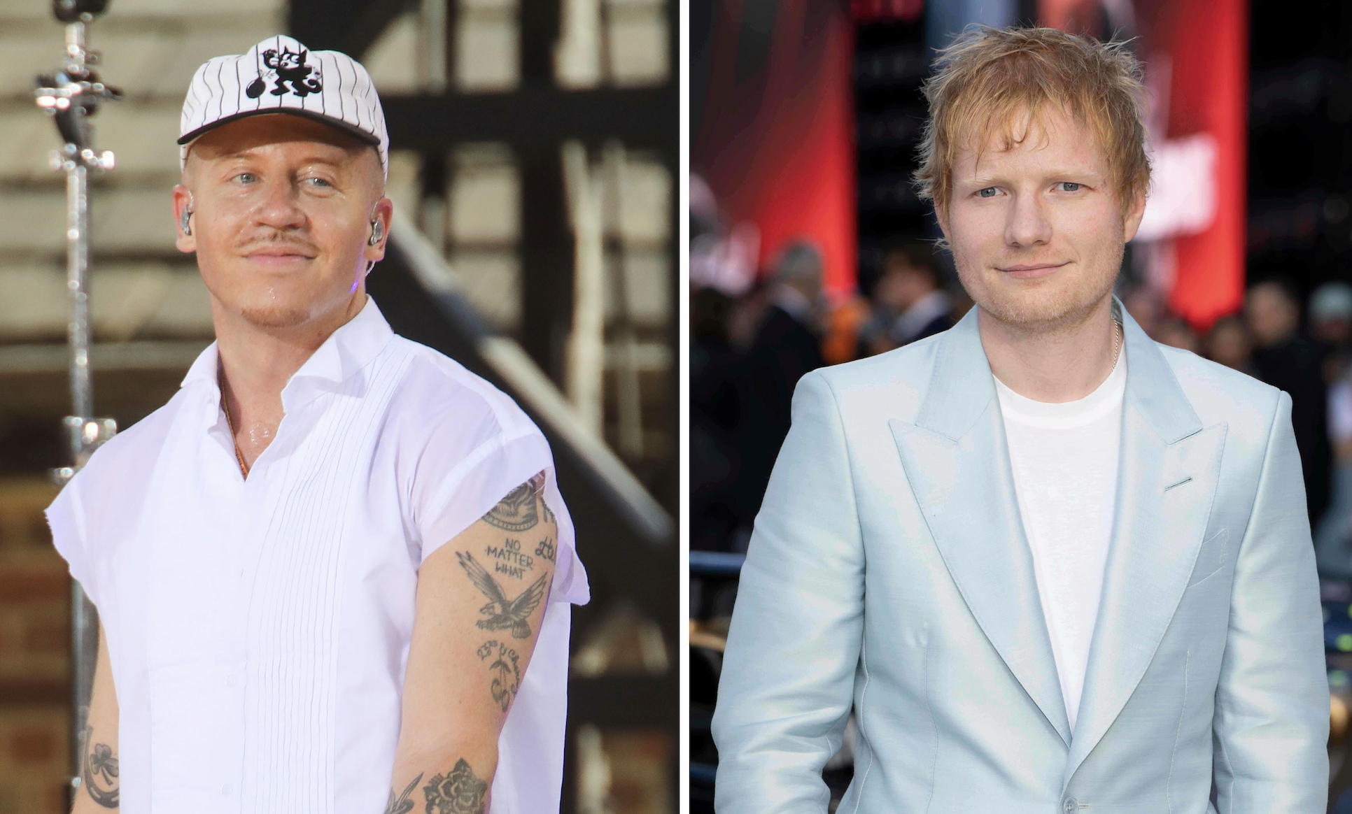 Recording artist Macklemore appears on ABC's "Good Morning America" Summer Concert Series in Central Park in New York on July 22, 2022, left, and Ed Sheeran appears at the premiere of the film "F1 The Movie" in London on June 23, 2025. (AP Photo)