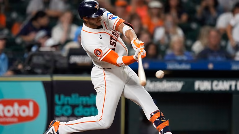 Houston Astros shortstop Jeremy Peña hits a home run during the third inning of a baseball game against the Kansas City Royals in Houston, Tuesday, Sept. 15, 2026. (AP Photo/Ashley Landis)