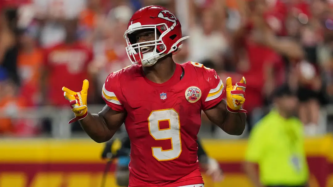 Sep 14, 2026; Kansas City, Missouri, USA; Kansas City Chiefs running back Kenneth Walker III (9) reacts after scoring a touchdown against the Denver Broncos at GEHA Field at Arrowhead Stadium. Mandatory Credit: Jay Biggerstaff-Imagn Images